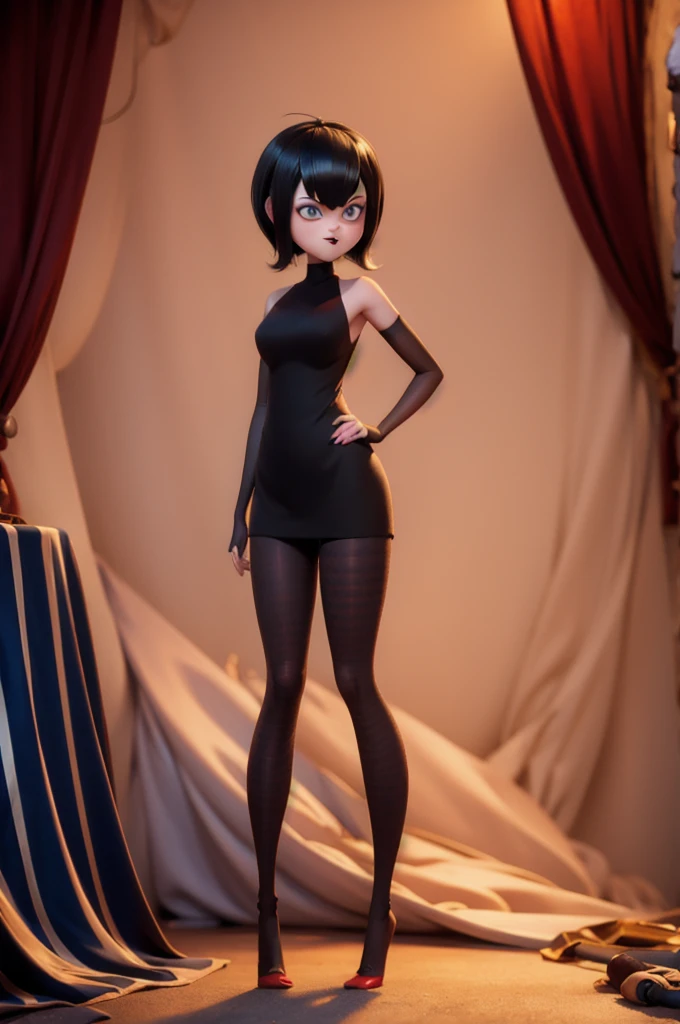 Mavis in her room standing in a seductive pose thick legs generous bust long legs 