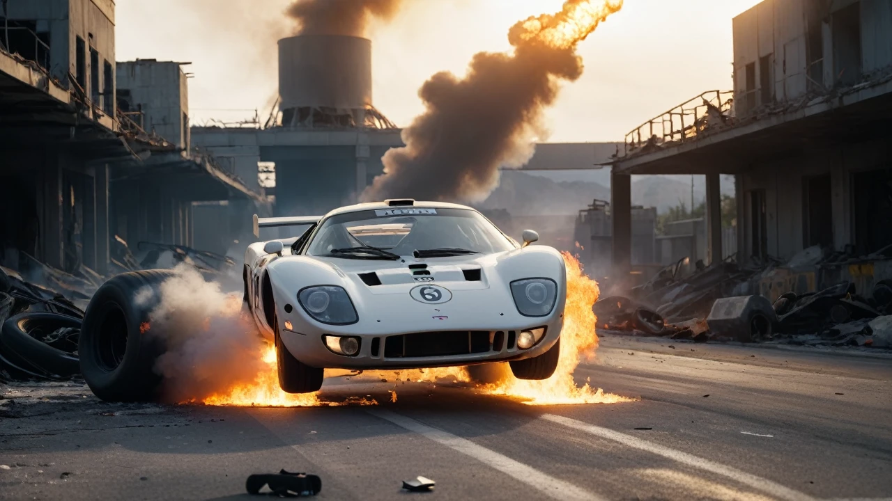 A futuristic race through a destroyed racing circuit after a nuclear explosion、Cinematic stills of a GT racing car suffering a petrol puncture。white smoke、Overtaking、Crash、Destruction and explosion、Flaming、Shallow depth of field、Vignette、Very detailed、High budget、Bokeh、CinemaScope、Moody、grow、gorgeous、Film Grain、granular、High Quality Photos、3-point lighting、flash with softbox、4K、Canon EOS R3、HDR、Smooth、Sharp Focus、High resolution、Award-winning photography、80mm、f2.8、Bokeh
、undefined