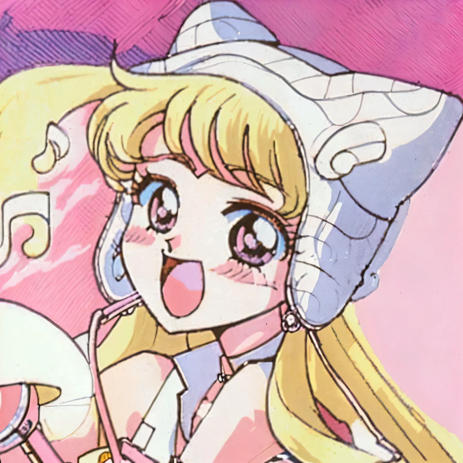 Anime girl holding a hat and microphone, Dark Cute, Marisa Kirisame, , Lo-Fi Girl, 80s anime art style, Portrait of a magical girl, official art works, Thin lines, Beautiful shadows, blonde,earrings,big eyes,No bangs,Open mouth smile,Vaporwave style,retrowave,sailor moon,close up,Cute and playful,spark,celebrity and pop cculture,Profile,happy,Laugh heartily