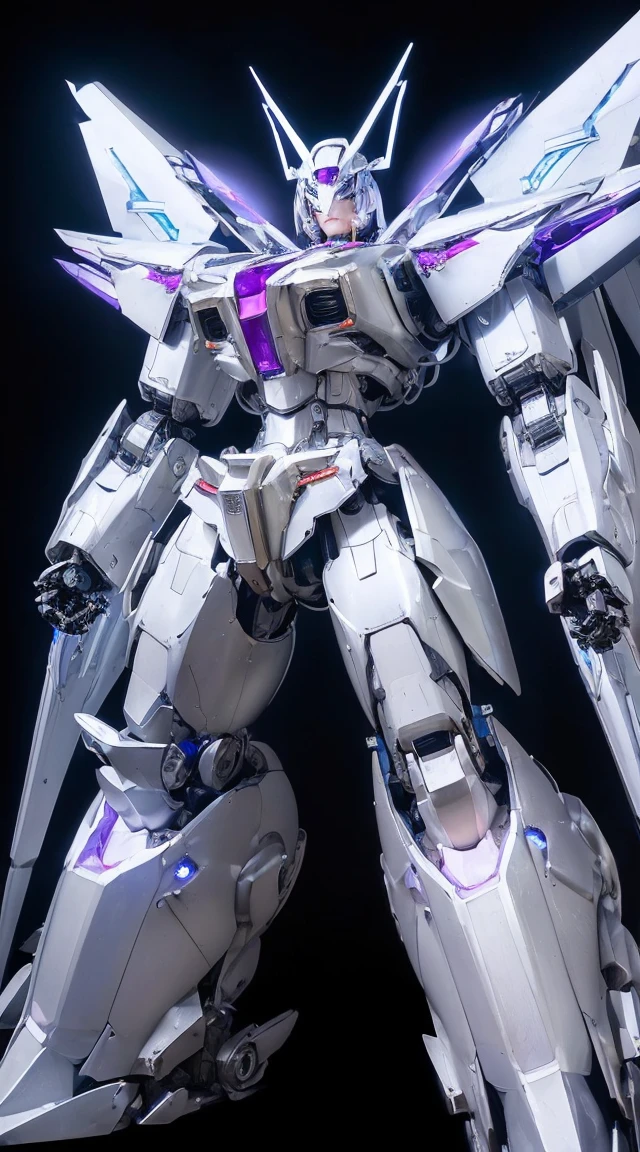 ((Intense action pose:1.6))、((Shining lenses on both breasts:1.3))、((Blue pillars of light are emanating from both chests.:1.3))、smile、((8K)), ((32k)), ((Highest quality)), ((masterpiece)), ((超A high resolution)), ((Tmasterpiece)), ((Halation:1.4))、((Mechaニカルheadgear:1.2))、((Cyber Headphones:1.3))、Fine skin, High quality fabric, Fine metal texture、((Beautiful and dense face))、RAW Photos、Professional, Ultra-fine painting, ((alone)), Beautiful breasts、Highest quality, Very detailed, Very detailed詳細, Finer details, so beautiful, ((Princess Knight Robot:1.2)), (Joints of machines, Mechanical Limbs:1.3), (The internal structure of the machine is exposed:1.3), (Long silver hair:1.1), (Beautiful and huge mechanical breasts)、White Veil, cowboy_shot, Side Focus, headgear, Shiny、(Five Fingers, Four fingers and thumb),Concept Art, Anime fantasy artwork, Detailed fantasy art, (with pale blue-violet hair and large white wings,,,,,,,), (((Long silver hair))), (Mecha:1.6)、Sleek and intimidating design, ((Commander-in-Chief'arm)), (Perfect robot body)、純白と青紫armまたは, Symmetrical wings, 8K high quality, detailed art, 3D rendering of character art in 8K, neat legs, Defined, Defined fingers,