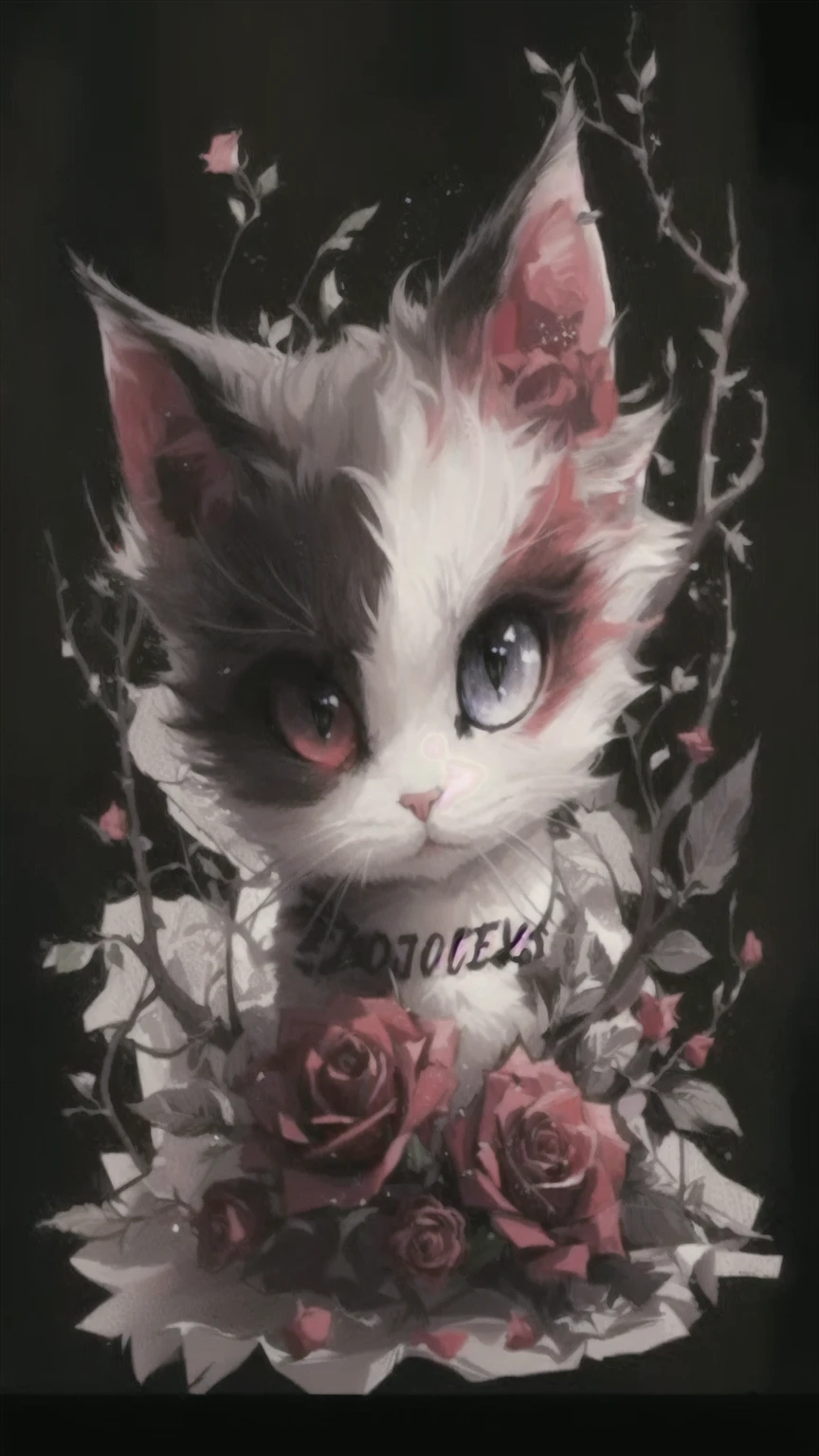 Close-up of a cat,There is a red rose beside me, Animated visual of cute cats, Anime cat, Cat design, author:Dom Qwek, realistic Anime cat, Lovely and detailed digital art, Lovely artwork, 非常美丽可爱的 author:Lambert Doomer, Cute digital art, Furry cat T-shirt design,Thorn rose,Cat with collar