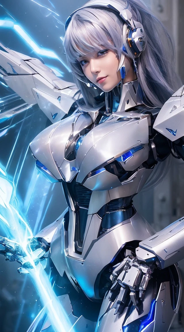 ((Extreme close up:1.6))、(((Lenses shining on both breasts:1.3)))、((A blue pillar of light emanates from both of his chests..:1.3))、break、(((Dynamic pose:1.8)))、smile、((8K)), ((32k)), ((Highest quality)), ((masterpiece)), ((超A high resolution)), ((Tmasterpiece)), ((Halation:1.4))、((Mechaニカルheadgear:1.2))、((Cyber Headphones:1.3))Fine skin, High quality fabric, High-quality metal texture、((Beautiful and dense face))、RAW Photos、Professional, Ultra-fine painting, ((alone)), Beautiful breasts、Highest quality, Very detailed, Very detailed詳細, Finer details, so beautiful, ((Princess Knight Robot:1.2)), (Joint of the machine, Mechanical Limbs:1.3), (The internal structure of the machine is exposed:1.3), (Long silver hair:1.1), (Beautiful and huge mechanical breasts)、White Veil, cowboy_shot, Side Focus, headgear, Shiny、(Five Fingers, Four fingers and thumb),Concept Art, Anime fantasy artwork, Detailed fantasy art, (with pale blue-violet hair and large white wings,,,,,,,,), (((Long silver hair))), (Mecha:1.6)、Sleek and intimidating design, ((Commander-in-Chief'arm)), (Perfect robot body)、純白と青紫のarmまたは, Symmetrical wings, 8K High Resolution, Detailed Art, 3D rendering of character art in 8K, neat legs, Defined, Defined fingers,((headshot:1.3))