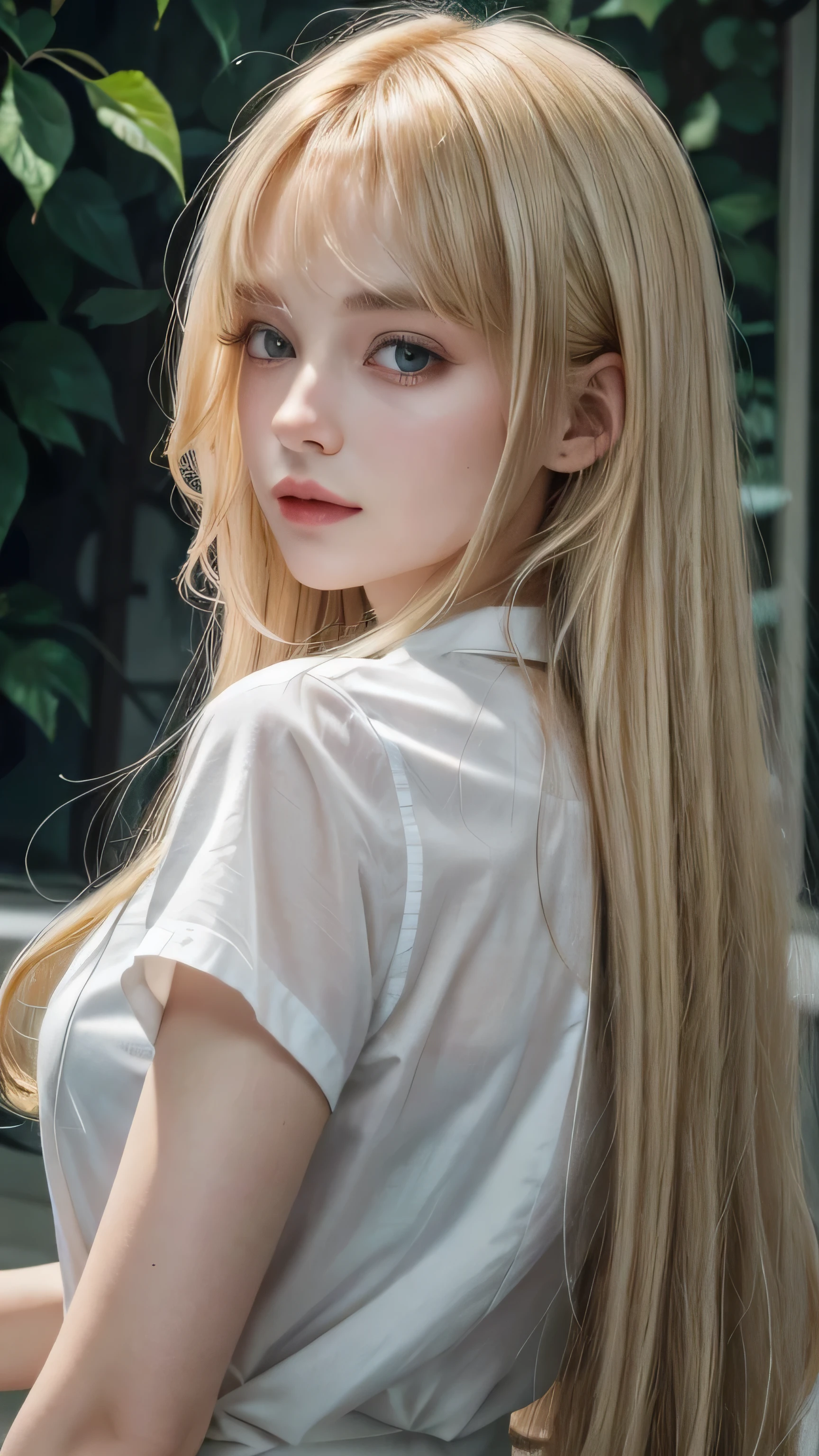 Gorgeous adult woman wearing white shirt, long blonde hair and bang, soft light, high quality, 4k resolution