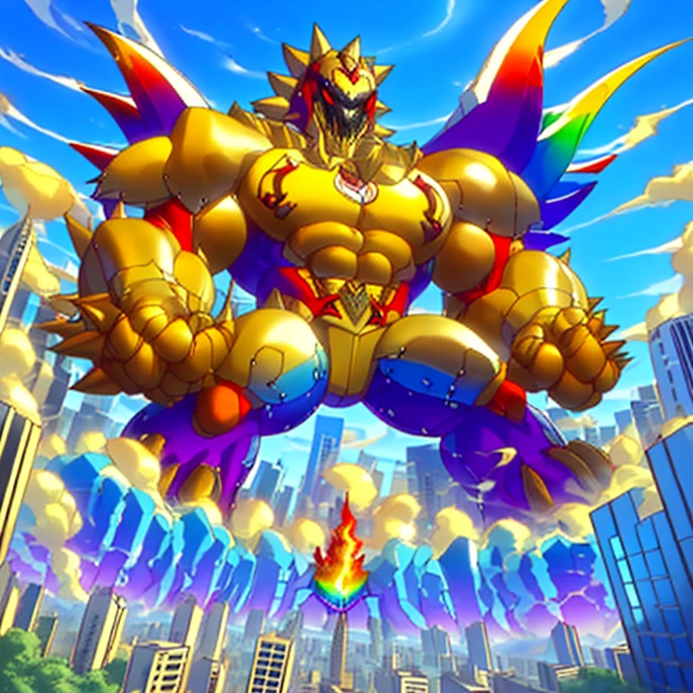 (masterpiece. official art. 8k. best quality. detailed full body. full body.)
(situation 1 : dominating The_Phoenix_Wolf. focus GIANT mechanical Muscular The_Phoenix_Wolf is trampling the CITY. macro. stomp. Low-angle perspective. emphasizing the immense size. The perspective is from below, emphasizing the sheer majesty and power of the Giant. giant art. He is much bigger than a skyscraper. Giga Giants. micro soccer field. looking down.)
(situation 2 :smoke and flames rising from the destruction in the city)
(Additional details 1: wearing a full-face helmet. no face.)
(Additional details 2: (Detailed head. Detailed Body. Detailed abs. gigantic muscles. HYPER MUSCLES. Gigachad Muscular. big muscle. pecs. triceps. traps. unusually developed muscular body. body full of huge muscles. showing off muscles. pectorales enormes. Exaggeratedly huge muscles. huge muscles. long legs.).
(Additional details 3: nj5furry, Spread wings. It has wings. It has large rainbow-colored wings. The claws are sharp. Sharp teeth.).