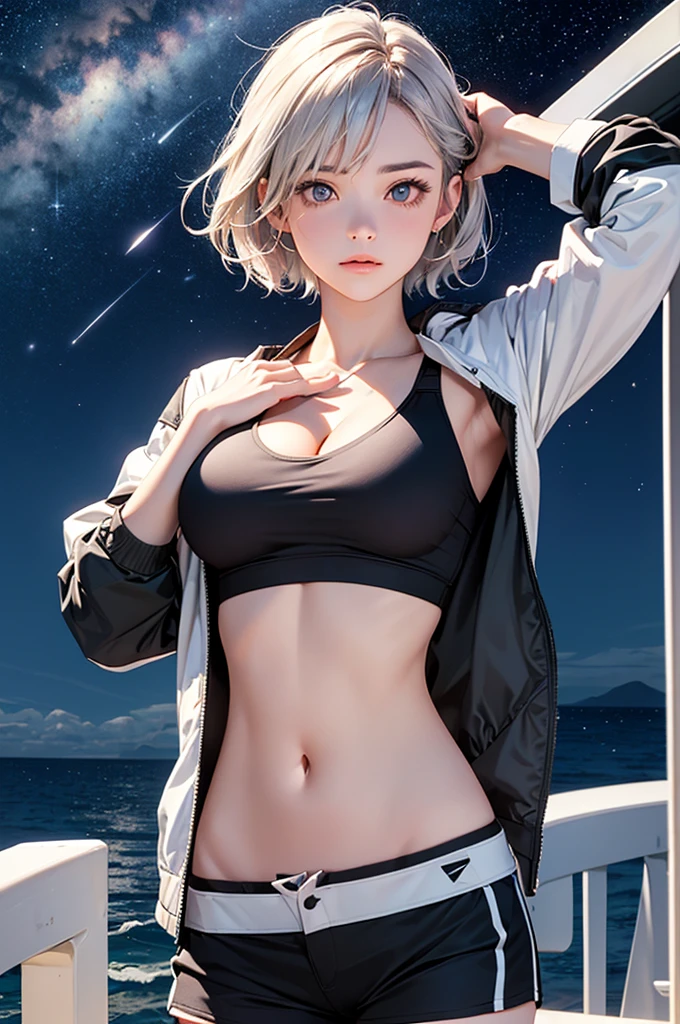 (masterpiece:1.5, Highest quality, Very detailed、 Dutch Angle、Realistic、2.5D、Realistic)(One Girl, Sports Girl)(Silver Hair:1.6,,short hair)(Sports Bra、Jacket:1.5、Shorts、tightedium breasts, Beautiful cleavage,underboob))(from backside),(Beautiful starry sky、Mystical Night、Particles of light float around the woman、Fantastic space、Ocean、On the boat)