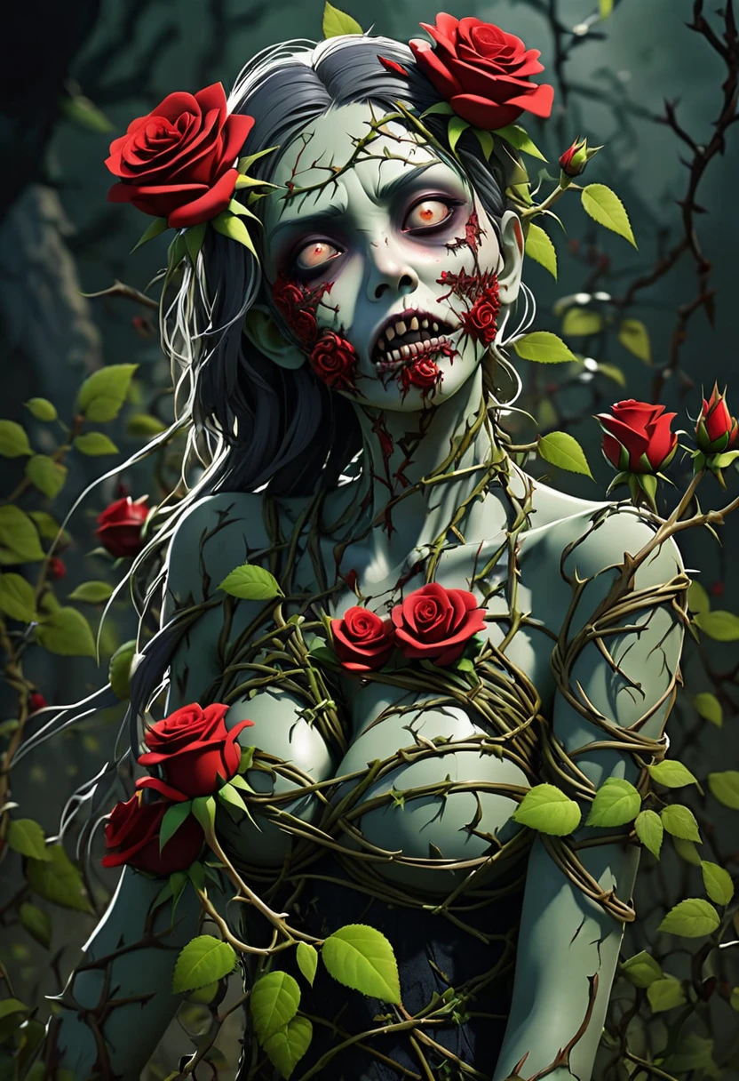 Female zombie covered in thorny rose vines、The thorns of the roses tore at my skin.、Struggling female zombie、Dark and gritty、Horror、Gothic、