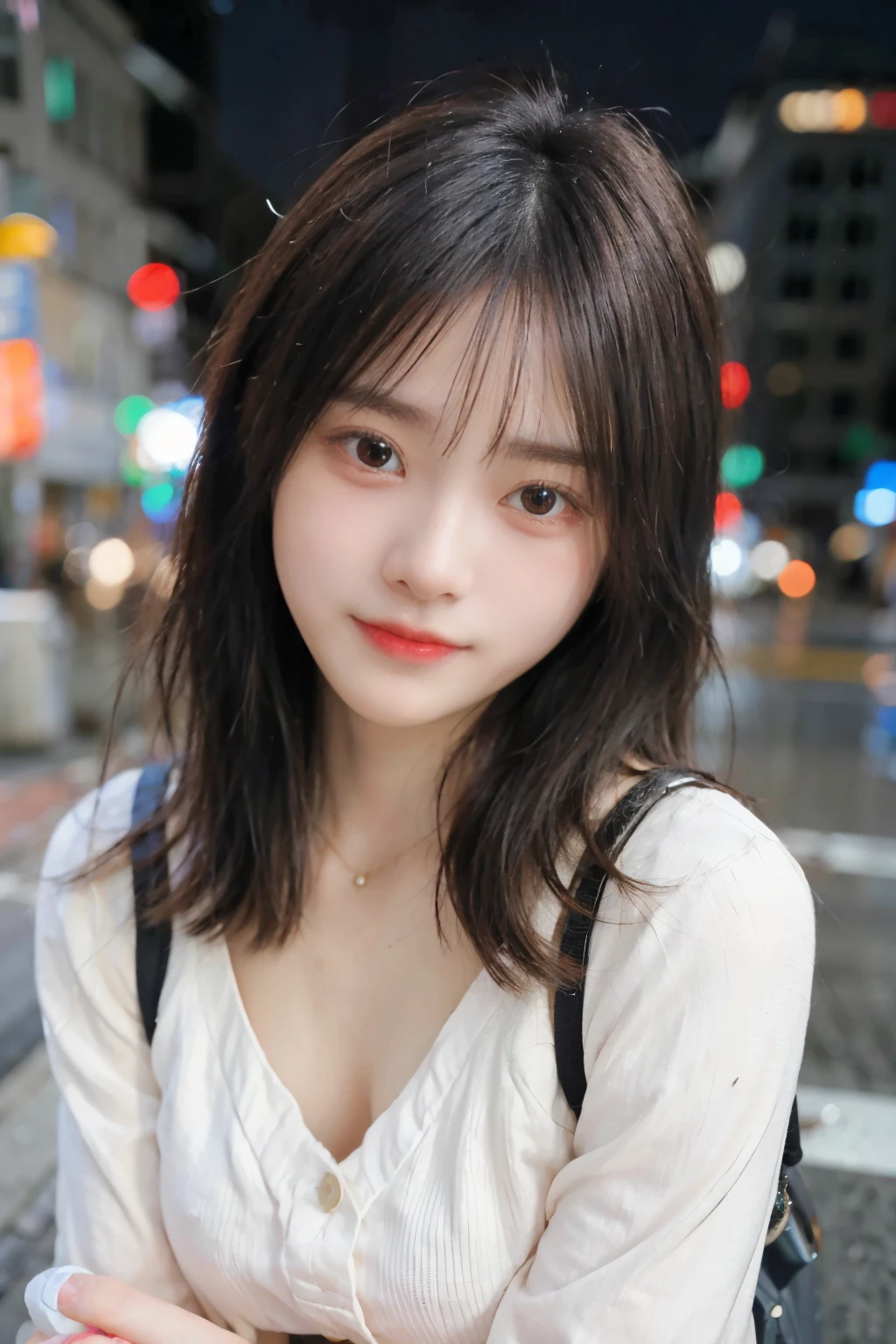 1 girl、Tokyo Street、night、Cityscape、City lights、Upper body、Close-up、Laughter、8K、Raw photo、Highest quality、masterpiece、Realistic、Photorealistic