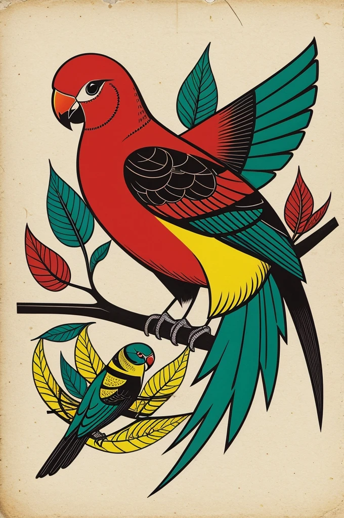 Design a tribal tattoo of a lovebird that combines red colors, yellow, black and green. The design should be stylized and abstract, using mainly black for tribal lines, with touches of red, yellow y verde para resaltar ciertas áreas. The number 126 should be subtly integrated into the tribal design, perhaps as part of the wings or tail of the lovebird. The style should be bold and modern, with clean lines and geometric shapes