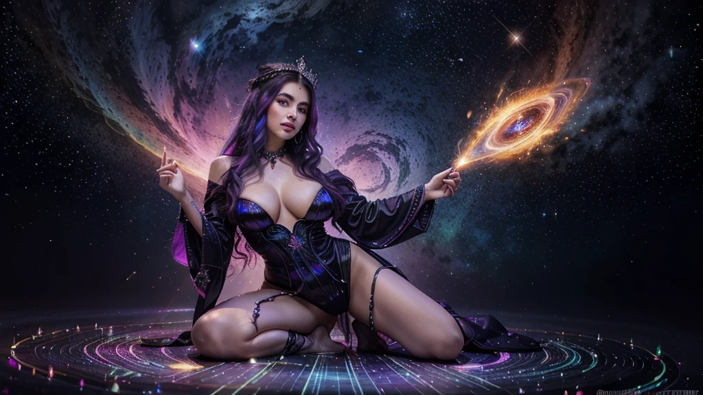 In a kaleidoscopic realm of swirling stardust and neon nebulae, the celestial enchantress Grace holds dominion. Her incandescent form outshines quasars, with obsidian tresses cascading down her silhouette. Smoldering indigo eyes and prismatic garments radiate the full spectrum across her curves. Diaphanous robes spiral in a chromatic vortex. Stardust crowns her as the mistress of chromatic allure. Her domain births dazzling realms of color, nurturing new celestial bodies with infinite potential. In this coruscating realm, the fully-clothed enchantress Grace reigns supreme, her allure fueling perpetual creation and rebirth. sexy body. sexy pose, fully clothed