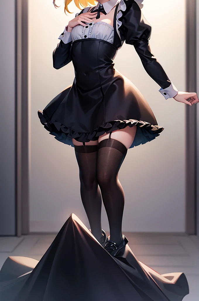 ((Maid)),Frills,Cute  ,Tiny ,Small ,Childish face, Very fine clean face,Top quality,Straight Hair,Yellow hair,(Dark Room), Subtle light, Natural light,Soft lighting,Light from directly behind,(Open your hands), (Are standing),Front view,Black background