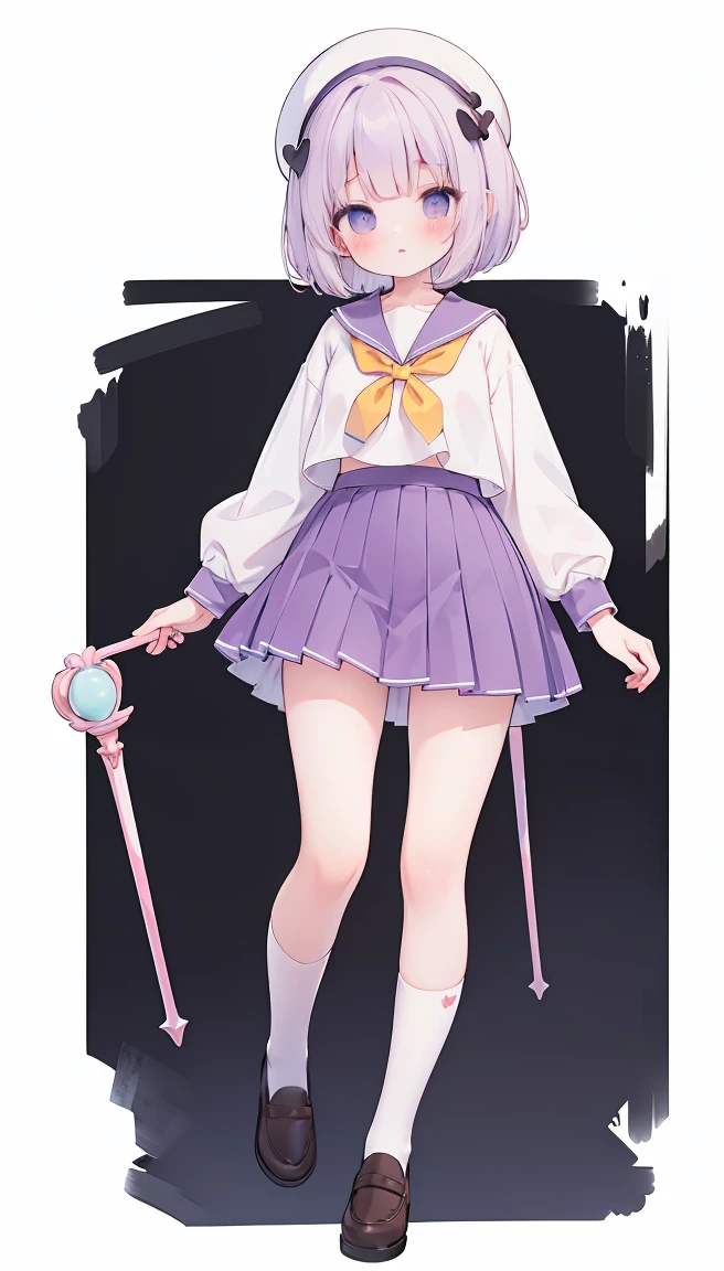 masterpiece, best quality, high resolution, white simple background, standing, short bob hair,  slim waist, cute, sailor uniform, purple skirt, knee high long socks, (Pastel Colors: 1.3), full body