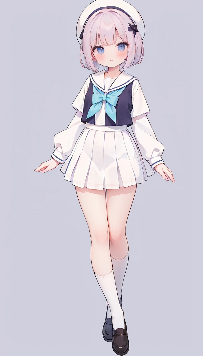 masterpiece, best quality, high resolution, white simple background, standing, short bob hair,  slim waist, cute, sailor uniform, purple skirt, knee high long socks, (Pastel Colors: 1.3), full body