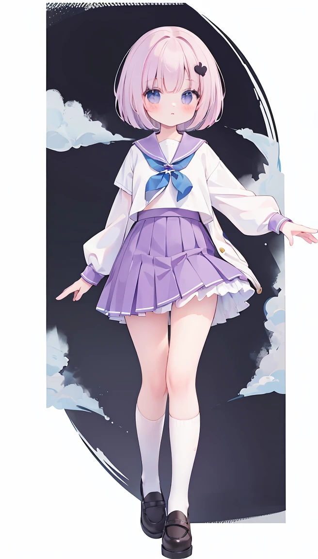 masterpiece, best quality, high resolution, white simple background, standing, short bob hair,  slim waist, cute, sailor uniform, purple skirt, knee high long socks, (Pastel Colors: 1.3), full body