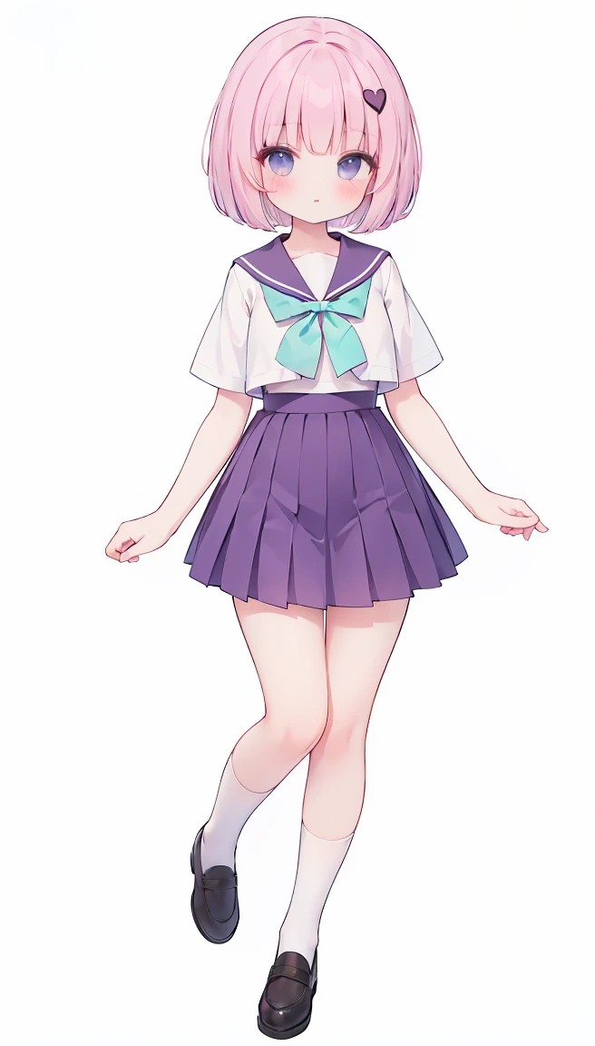 masterpiece, best quality, high resolution, white simple background, standing, short bob hair,  slim waist, cute, sailor uniform, purple skirt, knee high long socks, (Pastel Colors: 1.3), full body