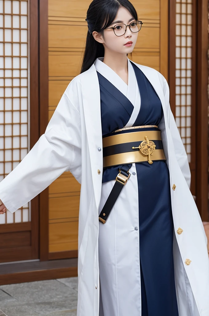 Black Hair、woman、Navy blue kimono、Golden Belt、Carrying a Japanese castle robot、whole body、Wearing glasses、White Lab Coat