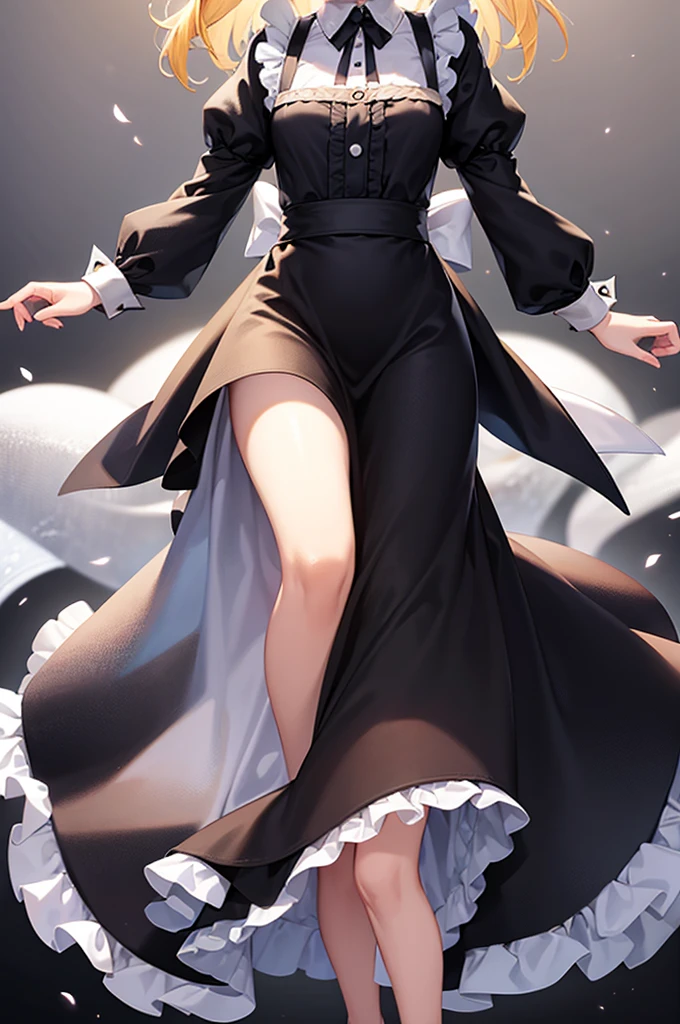 ((Maid)),Frills,Cute little ,Tiny ,Small girl,,Childish face, Very fine clean face,Top quality,Straight Hair,Yellow hair,(Dark Room), Subtle light, Natural light,Soft lighting,Light from directly behind,(Open your hands), (Are standing),Front view,Black background