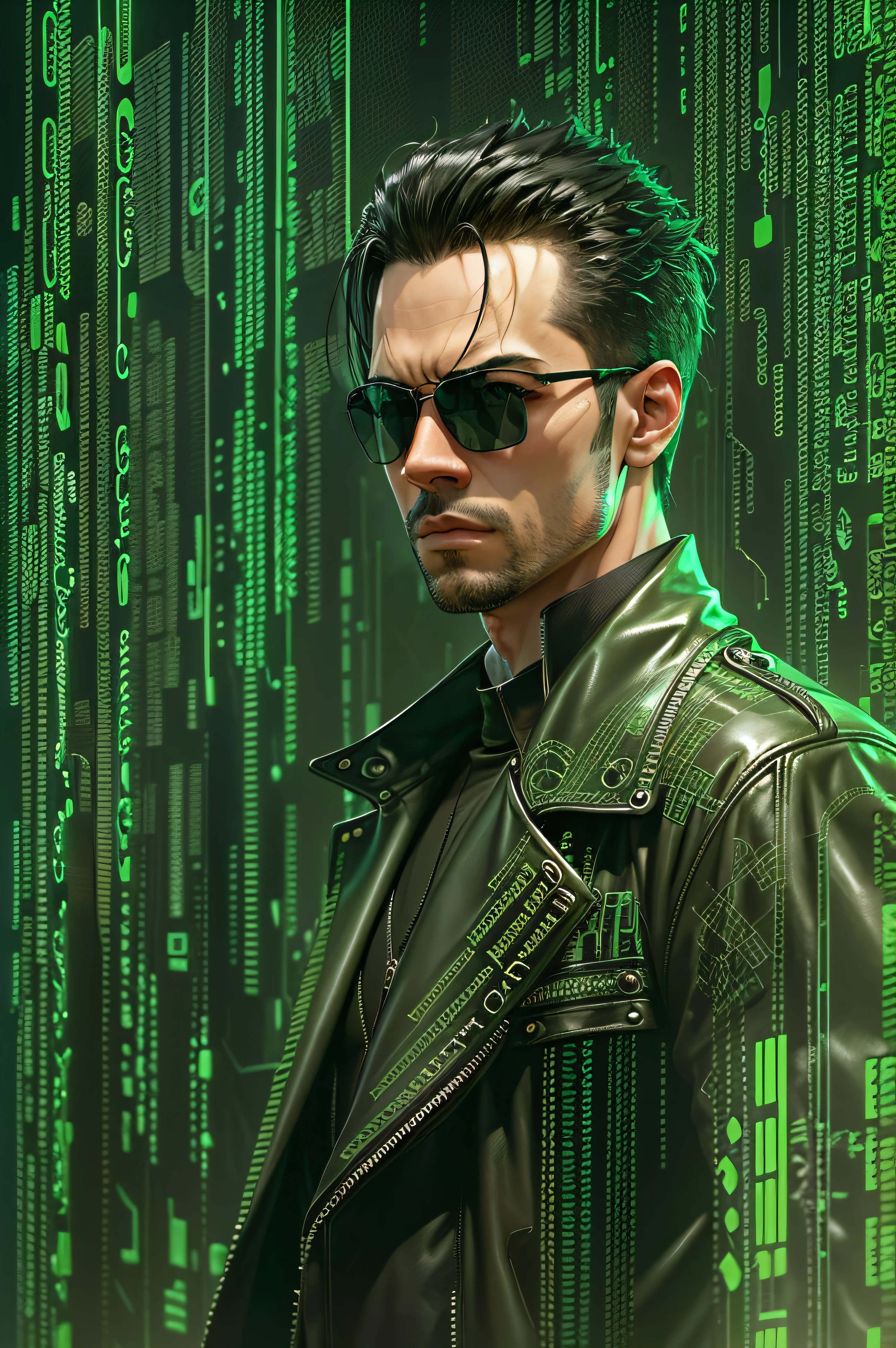 Generate a half-length portrait of a man wearing sunglasses, dressed in a leather trench shelter reminiscent of the characters from 'The Matrix', on a background of cascading fluorescent green letters, movie style. Pay meticulous attention to (((intricate details))) like sunglasses, shelter, and the texture of cascading letters. ambition ((Extreme quality of details)) to capture the essence of the 'Matrix' aesthetic. Create a ((complex composition)) conveying the film's iconic cyberpunk atmosphere.