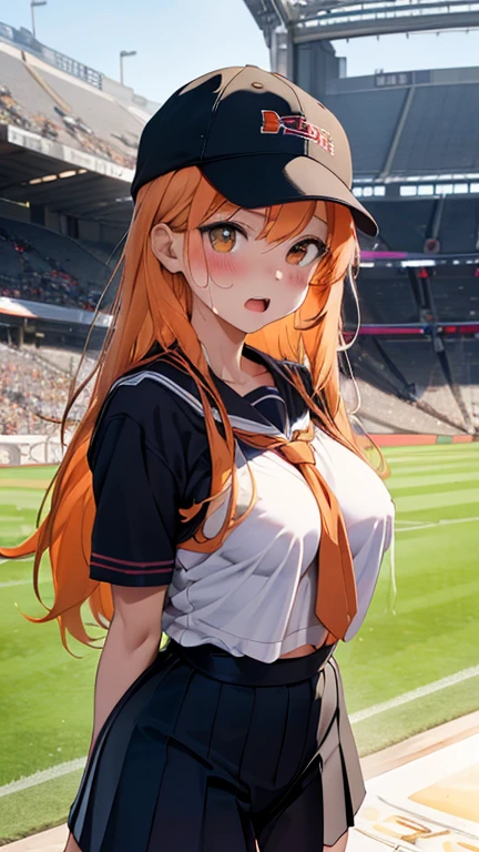 mastute piece,Best Quality,insanely detailed,8k cg,nsfw,
(shoot upper body:1.3),
(1girls:1.3),standing,looking at viewr,body in front,both arms behind back,(school uniform,serafuku:1.3,baseball-cap),(bare breasts:1.1),(bare nipples:1.1),
break,
blush,shy,(ecstasy face),(trembling:1.2),break,(light orange hair:1.2),
break,
perfect breasts,perfect teats,(open mouth:0.9),(large breasts:1.2),
(stadium),