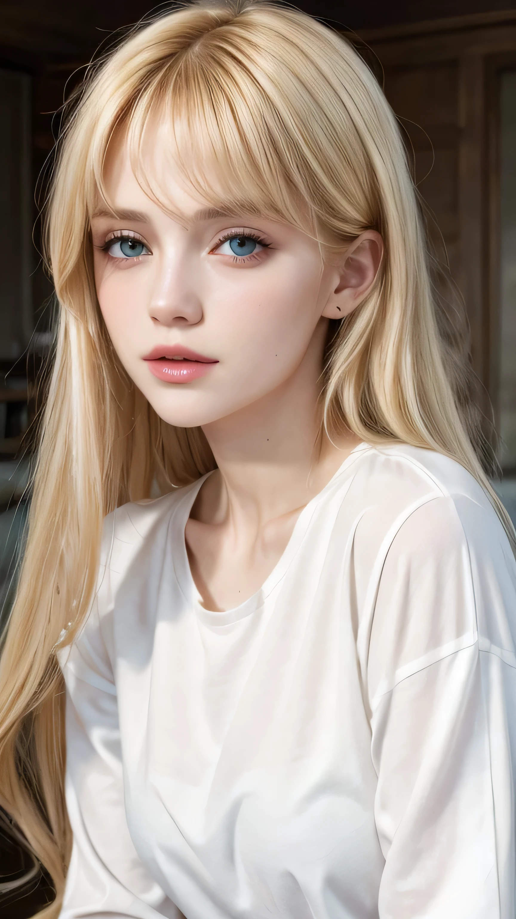Gorgeous adult woman wearing white shirt, long blonde hair and bang, soft light, high quality, 4k resolution