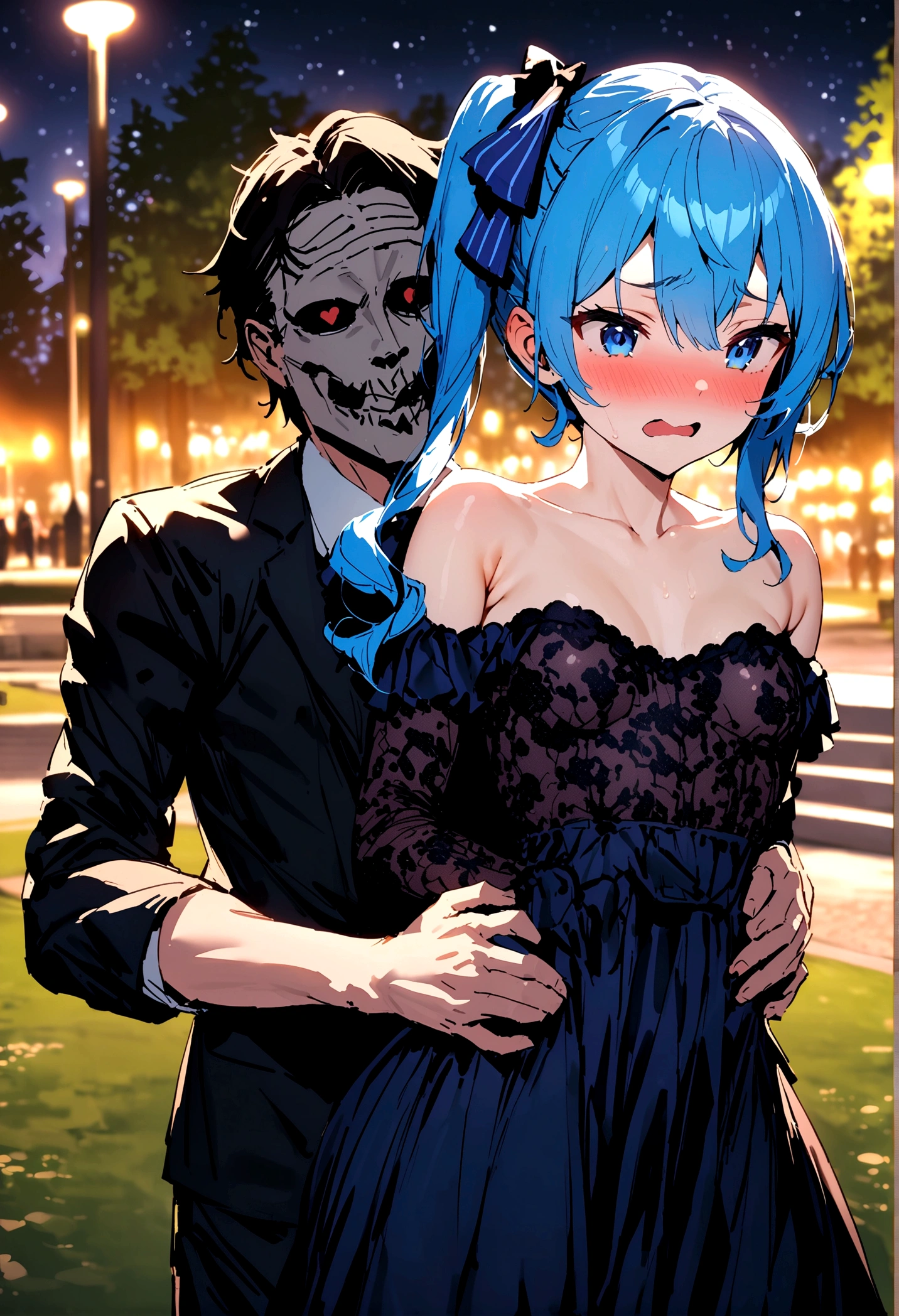 NSFW,masterpiece,Highest quality,High resolution,Super detailed,Star Town Suisei\(Hololive\),Blue Hair,One Side Ponytail,Blue Eyes,Long dress,Off the shoulder,Small breasts,Embarrassed,Estrus,Lust,blush,(Scary face man),A man puts his hands on her waist and hugs her,(Having sex),Insert,Creampie,Night Park,Unpopular place
