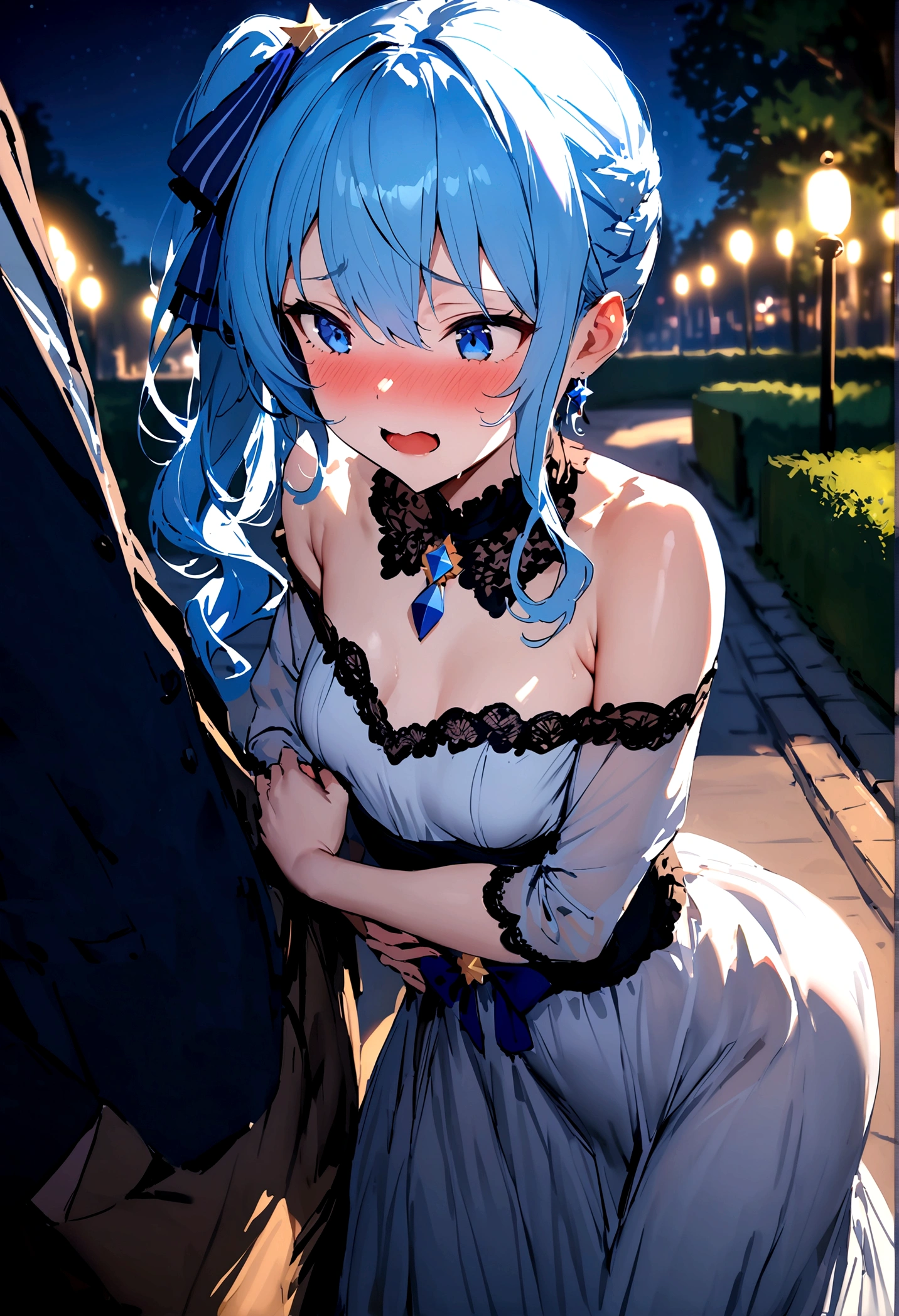 NSFW,masterpiece,Highest quality,High resolution,Super detailed,Star Town Suisei\(Hololive\),Blue Hair,One Side Ponytail,Blue Eyes,Small breasts,(High-quality white see-through dress),Estrus,A tense face,blush,(Sweat),Luxurious Room,Party Venue,chandelier,(Middle-aged men),A man puts his hands on her waist and hugs her,Having sex,Insert,Creampie,heart,Surrender,Wet