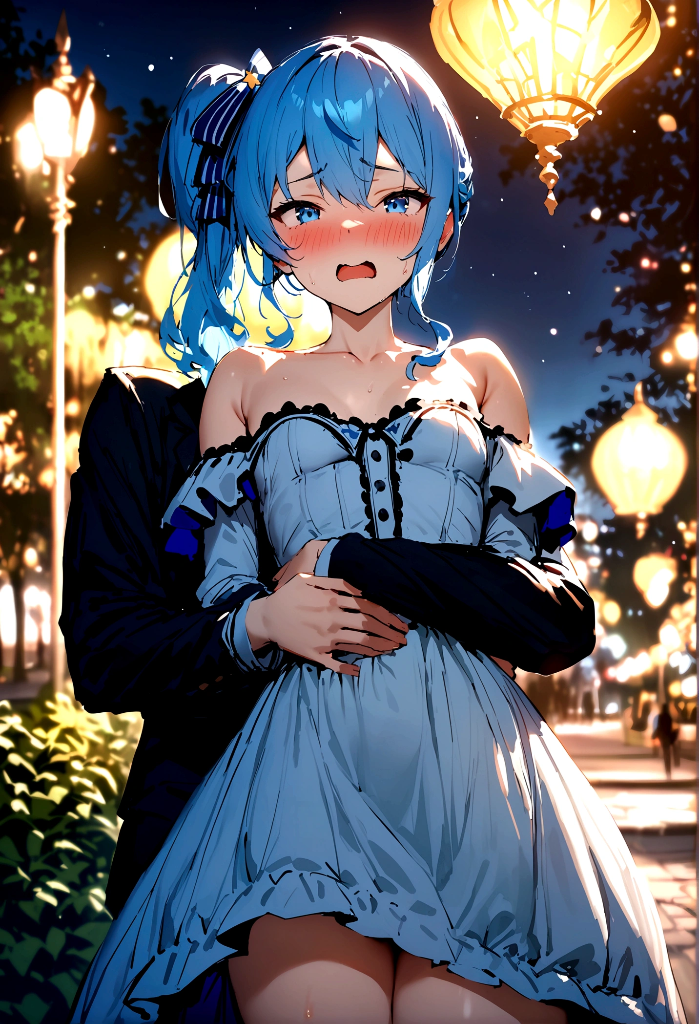 NSFW,masterpiece,Highest quality,High resolution,Super detailed,Star Town Suisei\(Hololive\),Blue Hair,One Side Ponytail,Blue Eyes,Small breasts,(High-quality white see-through dress),Estrus,A tense face,blush,(Sweat),Luxurious Room,Party Venue,chandelier,(Middle-aged men),A man puts his hands on her waist and hugs her,Having sex,Insert,Creampie,heart