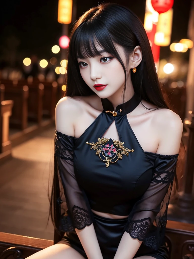 tra-detailed、Japanese、attractive beauty、seductive adult woman、pretty woman、piercing eyes、cool girl、wavy hair、swept bangs、Long Black and Gold Cheongsam、wide sleeves、Evil cadres、evil depravity、brainwash、mind control、lipstick、lip gloss、dark makeup、smirk、whisper in your ear、Evil expression、evil、hollow eyes,half-closed eyes、empty eyes、evil、church at night、vampire、succubus、vampire、Swear allegiance、sexy pose、Off-shoulder、Crop topping、Showing thighs、tempting、seductive