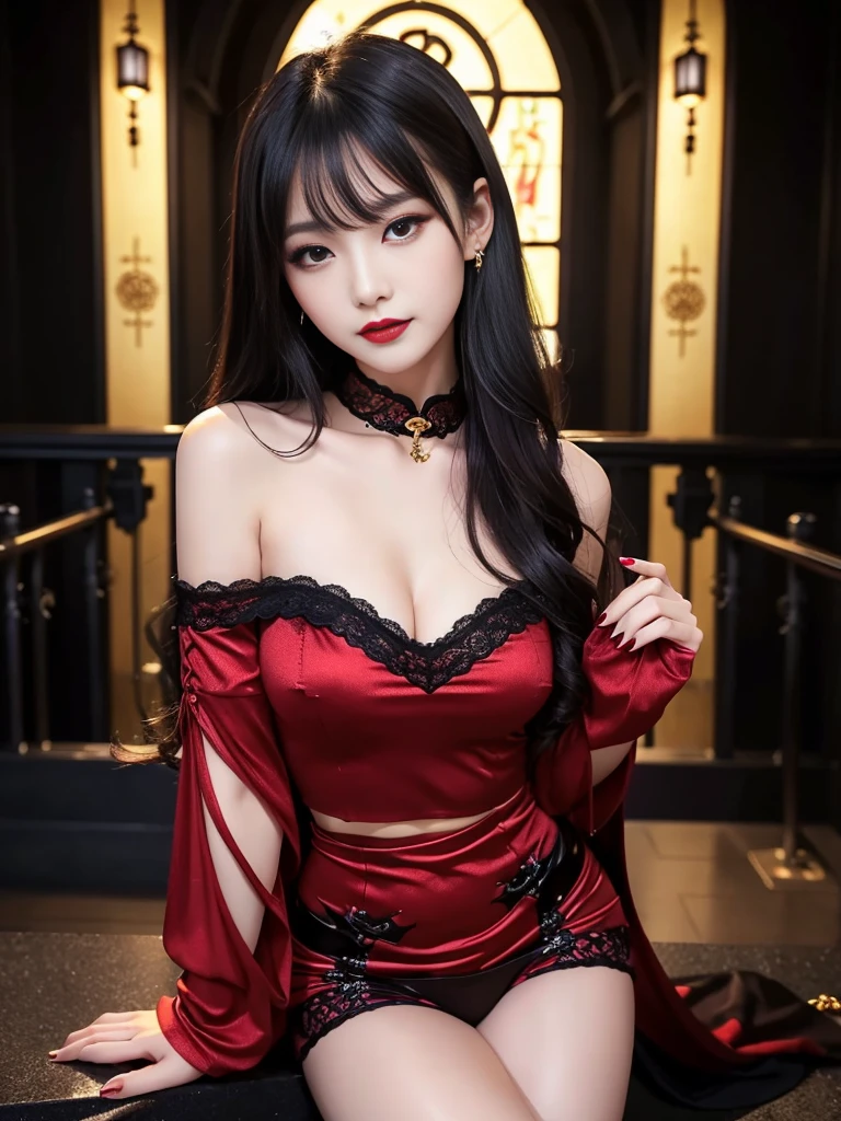 tra-detailed、Japanese、attractive beauty、seductive adult woman、pretty woman、piercing eyes、cool girl、wavy hair、swept bangs、Long Black and Gold Cheongsam、wide sleeves、Evil cadres、evil depravity、brainwash、mind control、lipstick、lip gloss、dark makeup、smirk、whisper in your ear、Evil expression、evil、hollow eyes,half-closed eyes、empty eyes、evil、church at night、vampire、succubus、vampire、Swear allegiance、sexy pose、Off-shoulder、Crop topping、Showing thighs、tempting、seductive