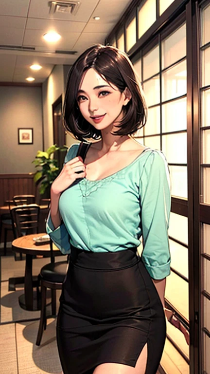 1 Woman, Japanese Woman,(Housewife:1.5),(40 Years Old:1.68),(Attractive Mature Woman:1.66),(Middle Age:1.78),(small breasts:1.2),((graduated haircut)),Casual, simple blouse,V-neckline,knee-length skirt, blouse in bright colors,pastel shades,(((cafe interior,in room))),(laugh:1.4),