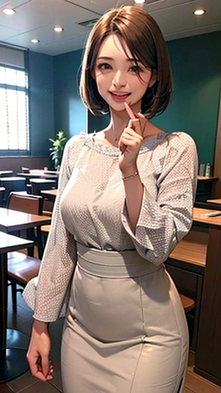 1 Woman, Japanese Woman,(Housewife:1.5),(40 Years Old:1.68),(Attractive Mature Woman:1.66),(Middle Age:1.78),(small breasts:1.2),((graduated haircut)),Casual, simple blouse,V-neckline,knee-length skirt, blouse in bright colors,pastel shades,(((cafe interior,in room))),(laugh:1.4),