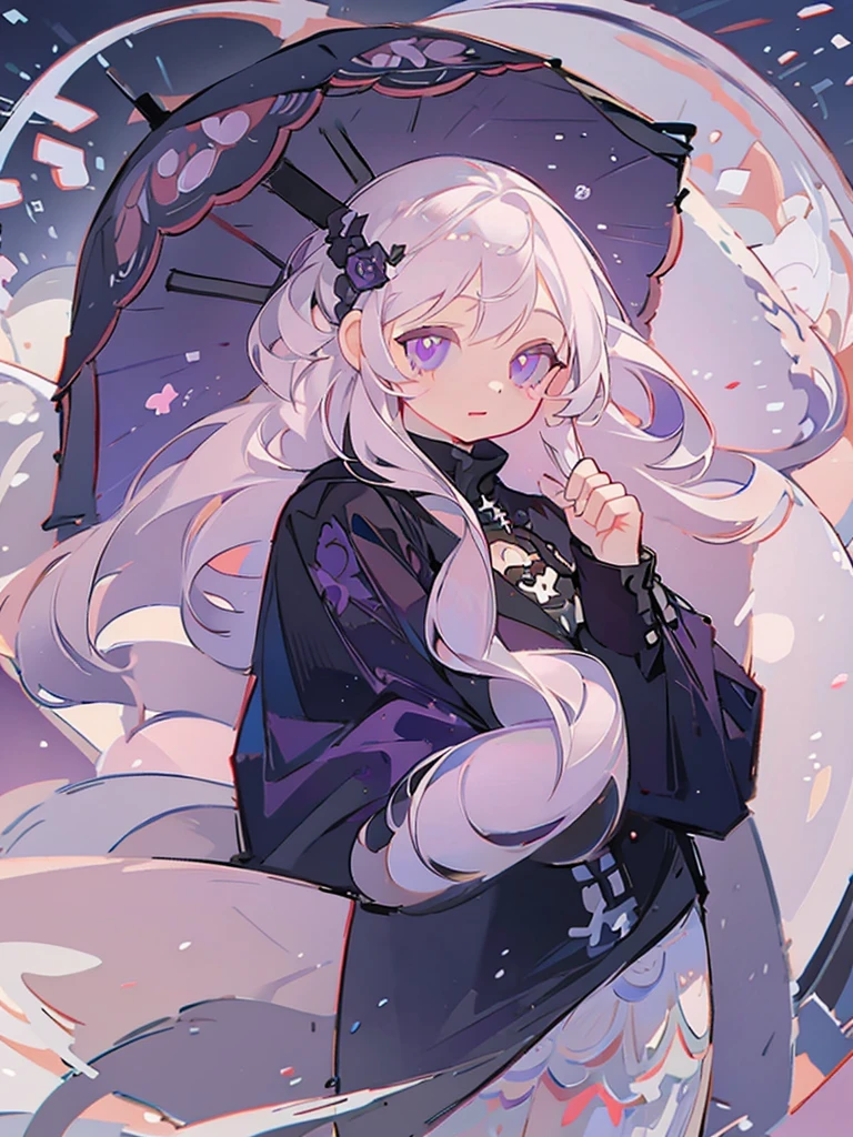 Icon, 1girl, long white hair, purple eyes, holding a black umbrella, illustration, perfect eyes, perfect face, perfect hand, portrait