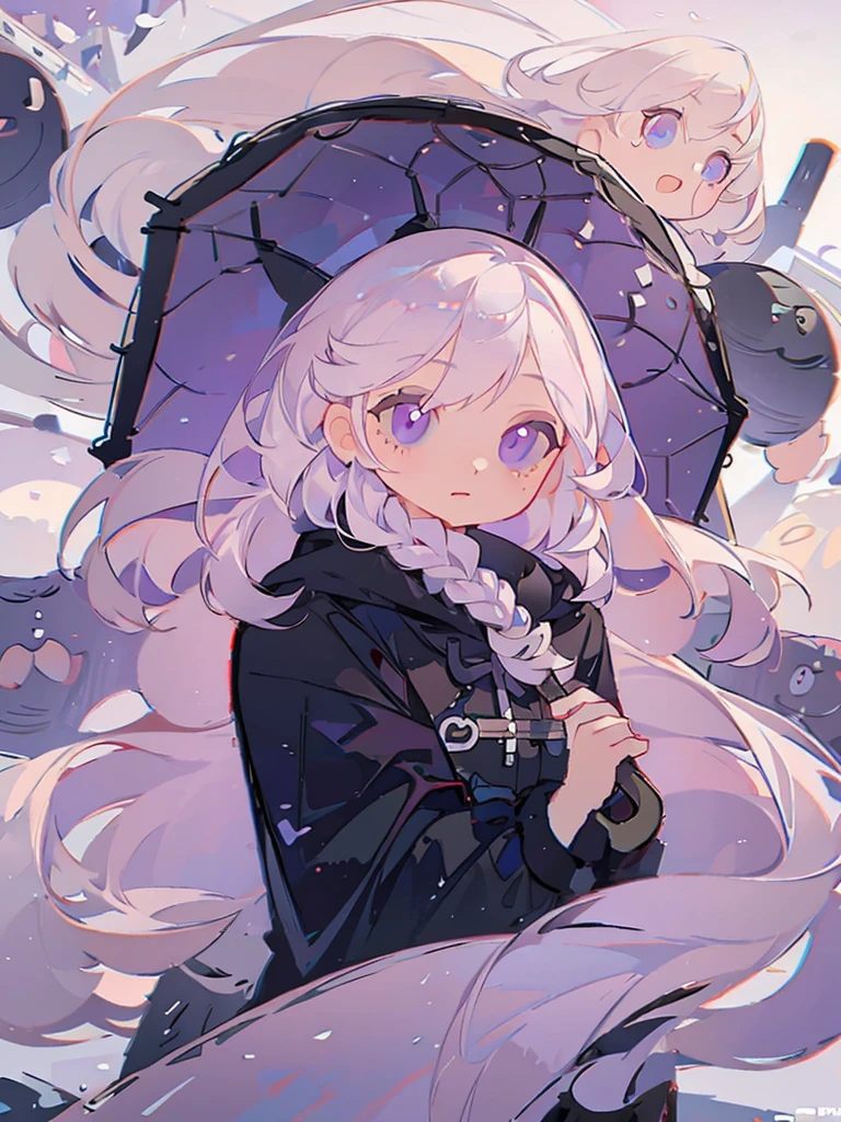 Icon, 1girl, long white hair, purple eyes, holding a black umbrella, illustration, perfect eyes, perfect face, perfect hand, portrait