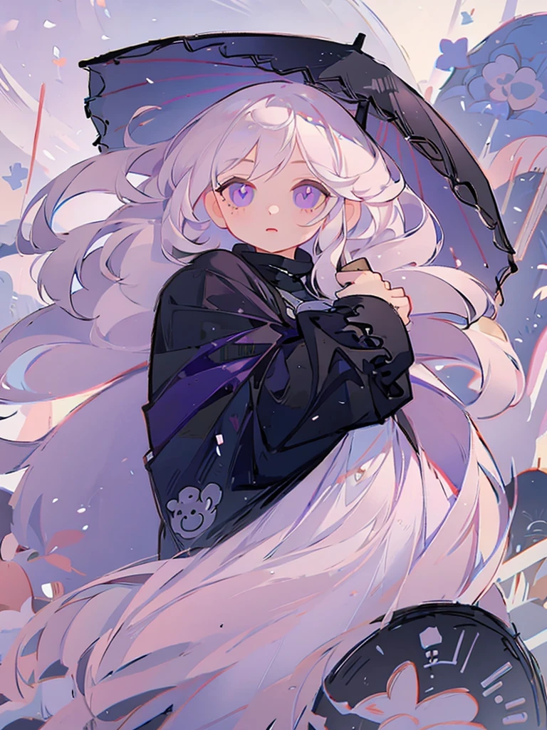 Icon, 1girl, long white hair, purple eyes, holding a black umbrella, illustration, perfect eyes, perfect face, perfect hand, portrait