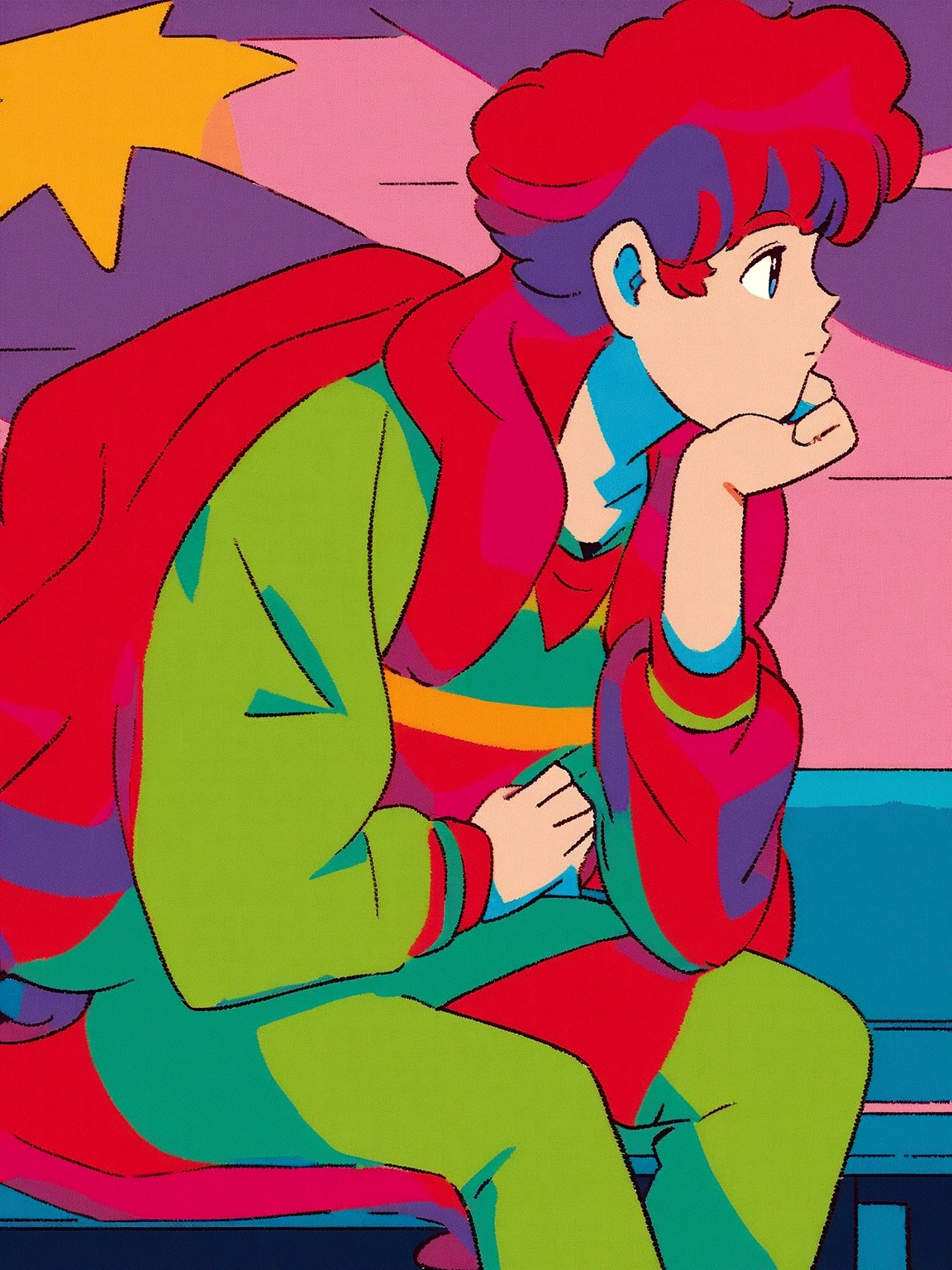 anime boy sitting on a bench with his hand on his chin, ((red curly hair )), praise artstyle, praise feel, cute anime pose, praise portrait, thoughtful pose, lo-fi illustration style, in the art style of 80s anime, praise art, praise, they be colors, they be, inspired by Bian Shoumin, official fanart