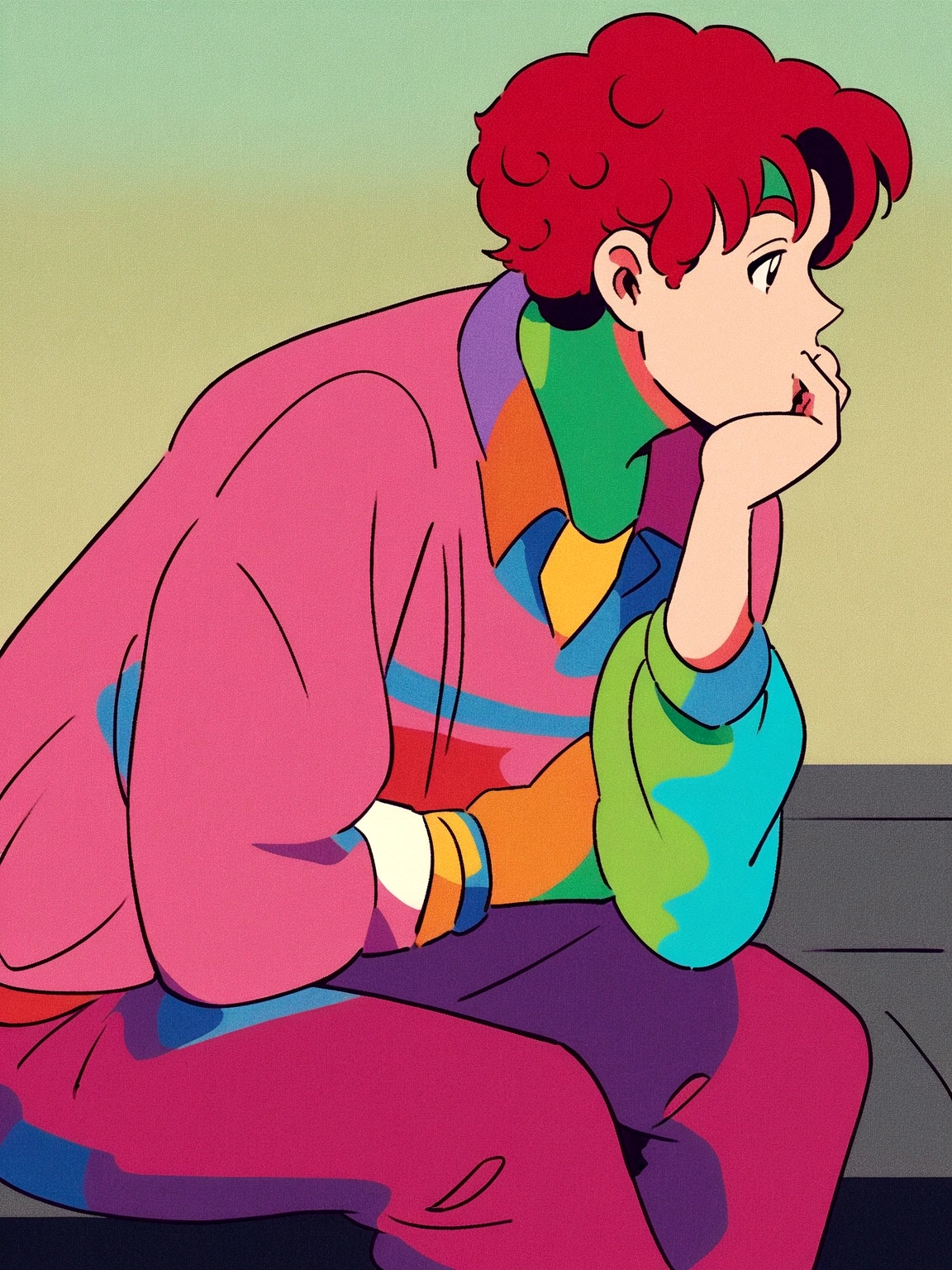 anime boy sitting on a bench with his hand on his chin, ((red curly hair )), praise artstyle, praise feel, cute anime pose, praise portrait, thoughtful pose, lo-fi illustration style, in the art style of 80s anime, praise art, praise, they be colors, they be, inspired by Bian Shoumin, official fanart