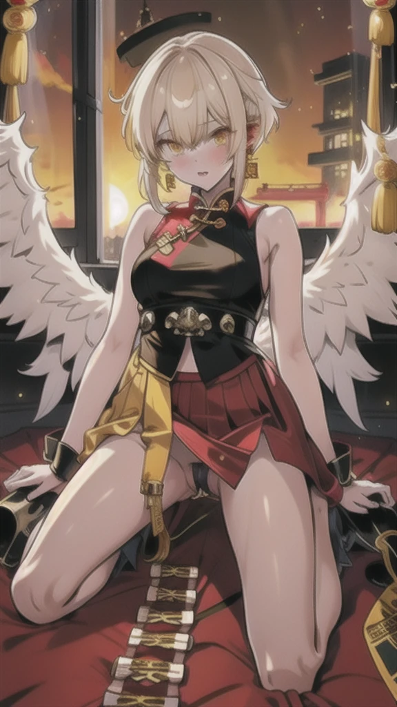White short haired woman, with yellow eyes, mostrando os peitos, legs open showing pussy, with an angry face and a provocative look, Wearing traditional Chinese imperial clothing in gold and black, with red Hanafuda earrings, with a short red skirt. On your knees in a hotel room bed, with a sunset in the window in the background.