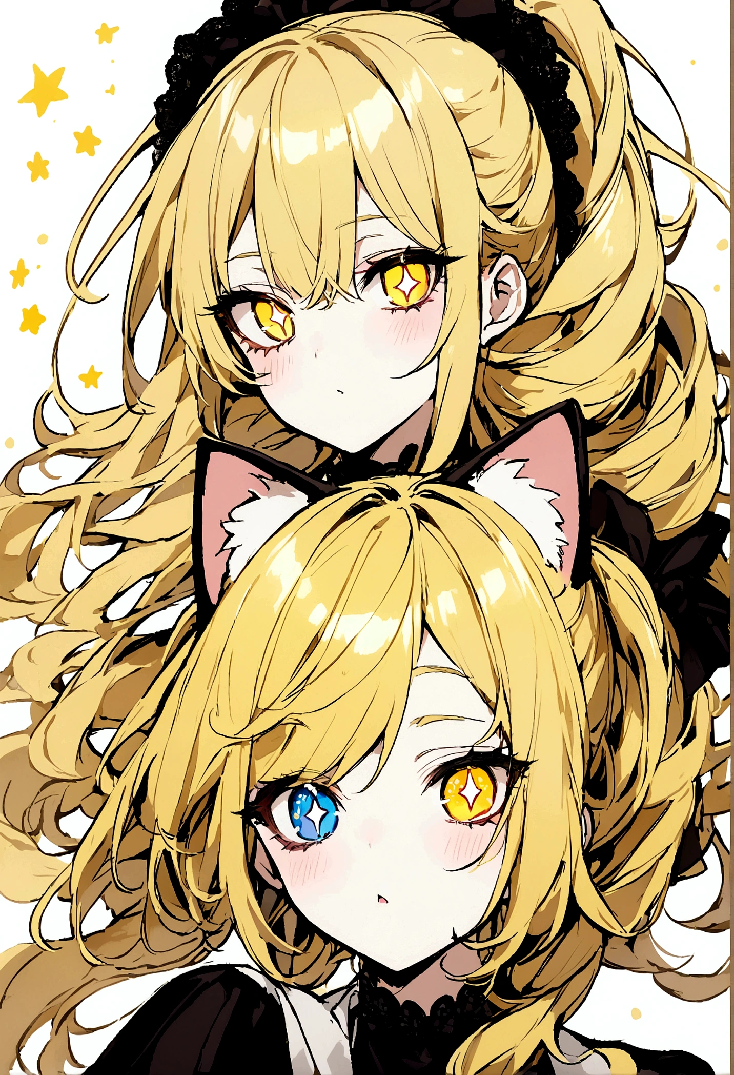 Yellow Hair、Ponytail on the right、Right eye is blue、Left eye is yellow、Odd Eye、Stars in the eyes、Cat ear、Girl