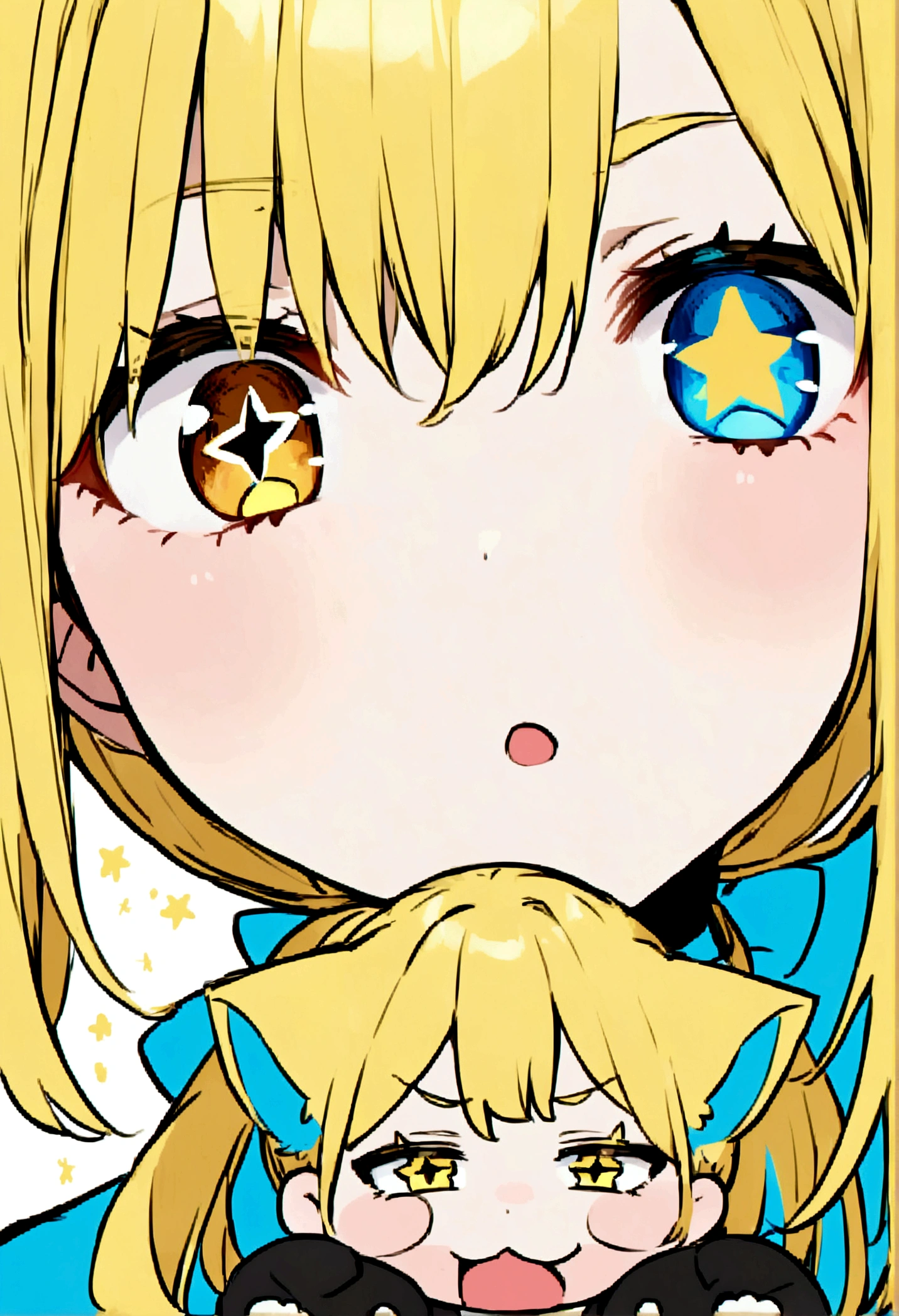 Yellow Hair、Ponytail on the right、Right eye is blue、Left eye is yellow、Odd Eye、Stars in the eyes、Cat ear、Girl