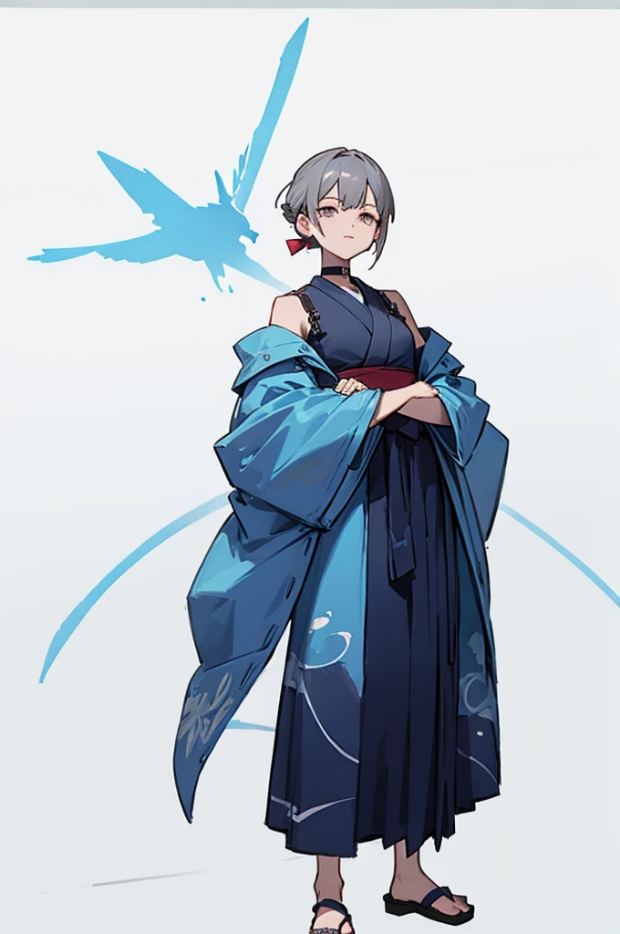 Blue Yukata、Gray Hair、Mischievous face、Choker on neck、Big earrings、Arms crossed、Only the mouth is smiling、Straw sandals、Choker on right leg、Shoulders are out(whole body、Are standing、、White background)