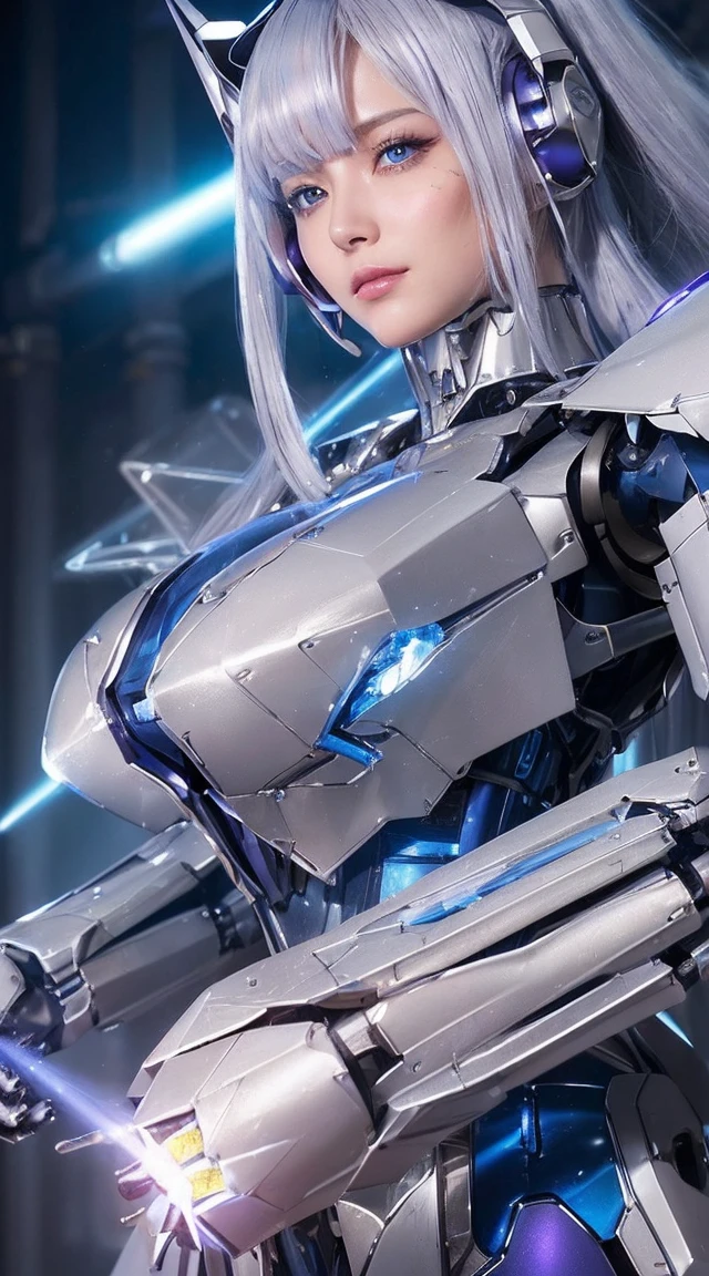 ((Extreme close up:1.6))、(((Lenses shining on both breasts:1.3)))、((A blue pillar of light emanates from both of his chests..:1.3))、break、(((Dynamic pose:1.8)))、smile、((8K)), ((32k)), ((Highest quality)), ((masterpiece)), ((超A high resolution)), ((Tmasterpiece)), ((Halation:1.4))、((Mechaニカルheadgear:1.2))、((Cyber Headphones:1.3))Fine skin, High quality fabric, High-quality metal texture、((Beautiful and dense face))、RAW Photos、Professional, Ultra-fine painting, ((alone)), Beautiful breasts、Highest quality, Very detailed, Very detailed詳細, Finer details, so beautiful, ((Princess Knight Robot:1.2)),  (Joint of the machine, Mechanical Limbs:1.3), (The internal structure of the machine is exposed:1.3), (Long silver hair:1.1), (Beautiful and huge mechanical breasts)、White Veil, cowboy_shot, Side Focus, headgear, Shiny、(Five Fingers, Four fingers and thumb),Concept Art, Anime fantasy artwork, Detailed fantasy art, (with pale blue-violet hair and large white wings,,,,,,,,), (((Long silver hair))), (Mecha:1.6)、Sleek and intimidating design, ((Commander-in-Chief&#39;arm)), (Perfect robot body)、純白と青紫のarmまたは, Symmetrical wings, 8K High Resolution, Detailed Art, 3D rendering of character art in 8K, neat legs, Defined, Defined fingers,((headshot:1.3))
