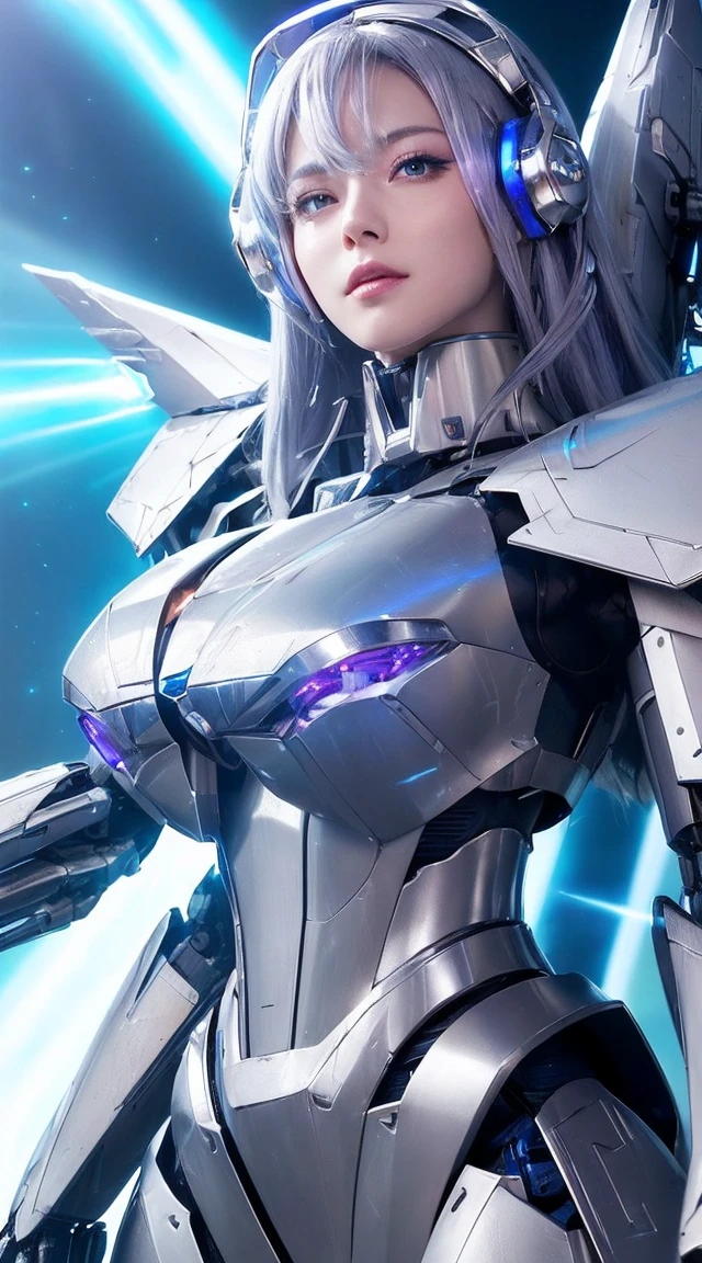 ((Extreme close up:1.6))、(((Lenses shining on both breasts:1.3)))、((A blue pillar of light emanates from both of his chests..:1.3))、break、(((Dynamic pose:1.8)))、smile、((8K)), ((32k)), ((Highest quality)), ((masterpiece)), ((超A high resolution)), ((Tmasterpiece)), ((Halation:1.4))、((Mechaニカルheadgear:1.2))、((Cyber Headphones:1.3))Fine skin, High quality fabric, High-quality metal texture、((Beautiful and dense face))、RAW Photos、Professional, Ultra-fine painting, ((alone)), Beautiful breasts、Highest quality, Very detailed, Very detailed詳細, Finer details, so beautiful, ((Princess Knight Robot:1.2)), (Joint of the machine, Mechanical Limbs:1.3), (The internal structure of the machine is exposed:1.3), (Long silver hair:1.1), (Beautiful and huge mechanical breasts)、White Veil, cowboy_shot, Side Focus, headgear, Shiny、(Five Fingers, Four fingers and thumb),Concept Art, Anime fantasy artwork, Detailed fantasy art, (with pale blue-violet hair and large white wings,,,,,,,,), (((Long silver hair))), (Mecha:1.6)、Sleek and intimidating design, ((Commander-in-Chief'arm)), (Perfect robot body)、純白と青紫のarmまたは, Symmetrical wings, 8K High Resolution, Detailed Art, 3D rendering of character art in 8K, neat legs, Defined, Defined fingers,((headshot:1.3))