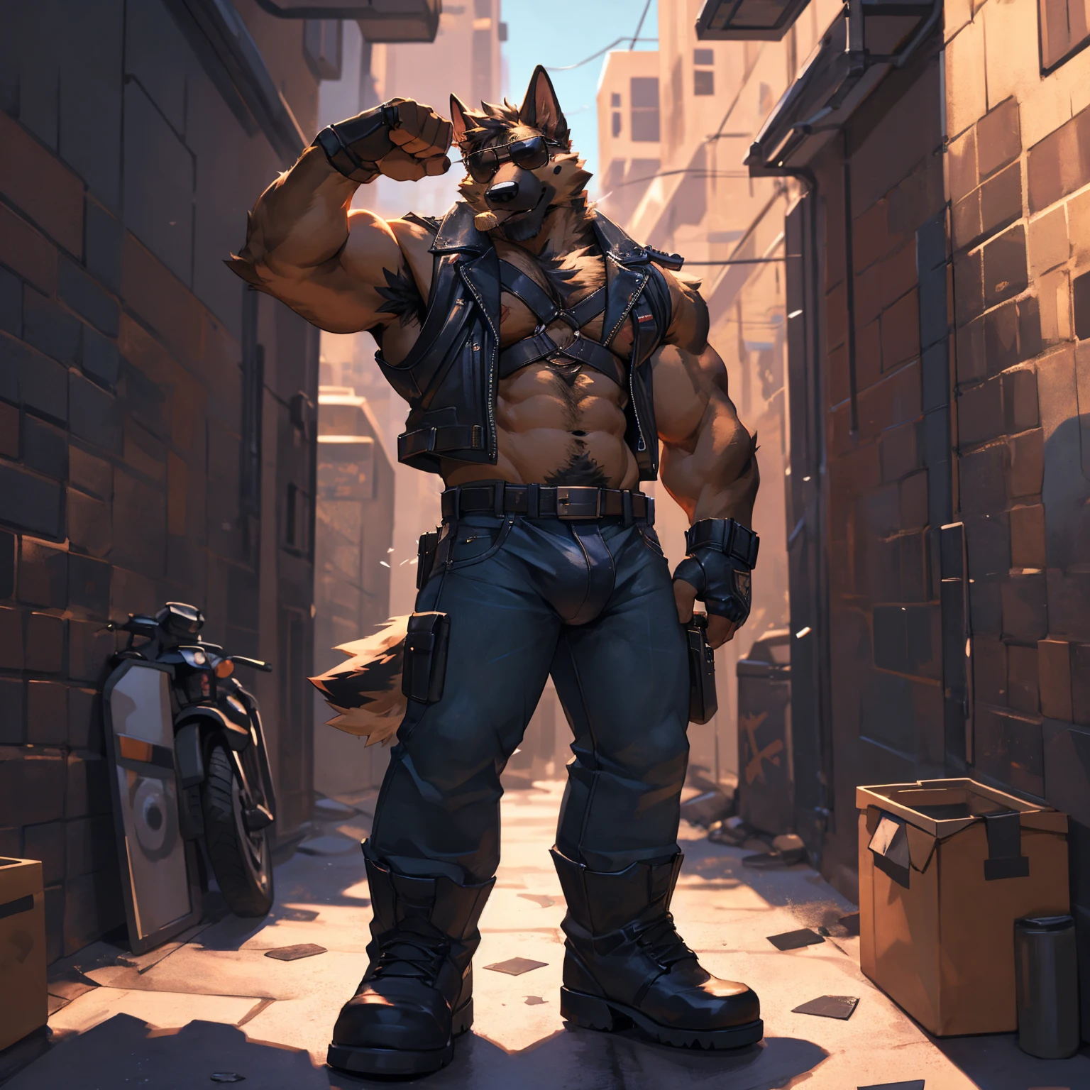 Solo, male, medium muscular, german shepherd, dog, biker, hairy chest, furry chest hair, shirtless, leather vest, blue jeans, leather chest harness, gun holster, gun,leather fingerless gloves, fingerless gloves, workboots, boots, cigar, cigar in mouth, nipple piercing ((focus body, furry focus, shades focus, body shades)) nice body, standing, parked motorcycle, posing, one arm raised, flexing one arm, exposed right armpit, armpit hair, bulge, groping bulge, left hand on bulge, touching crotch, model, light, shades, 4k, high quality (((alley background, outside))), by darkgem, by mystikfox61