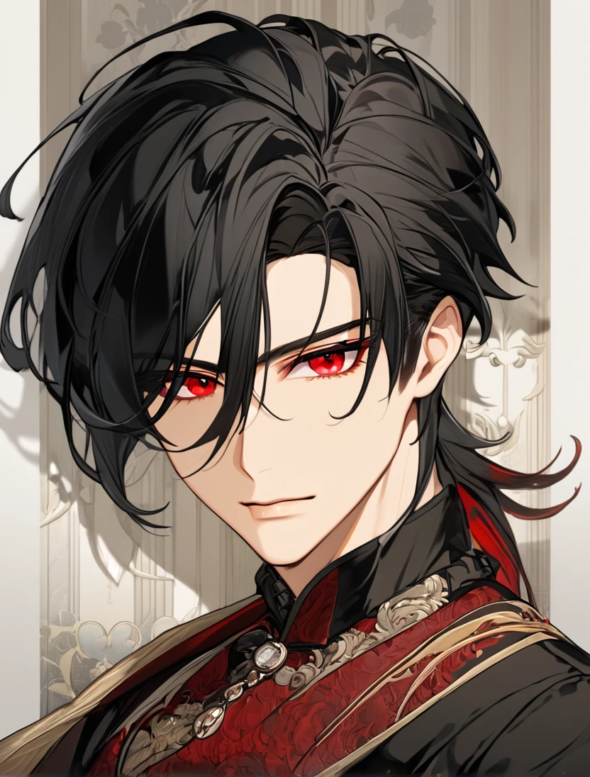 (Black_Hair), (red_ruby_eyes), (Handsome), (attractive), (male), (close_up_shot), (detailed_eyes), (detailed_hair), (clean_hair),  (vertical_pupils), (jawline), (wears_aristrocatic_outfit), (He_looks_16) 