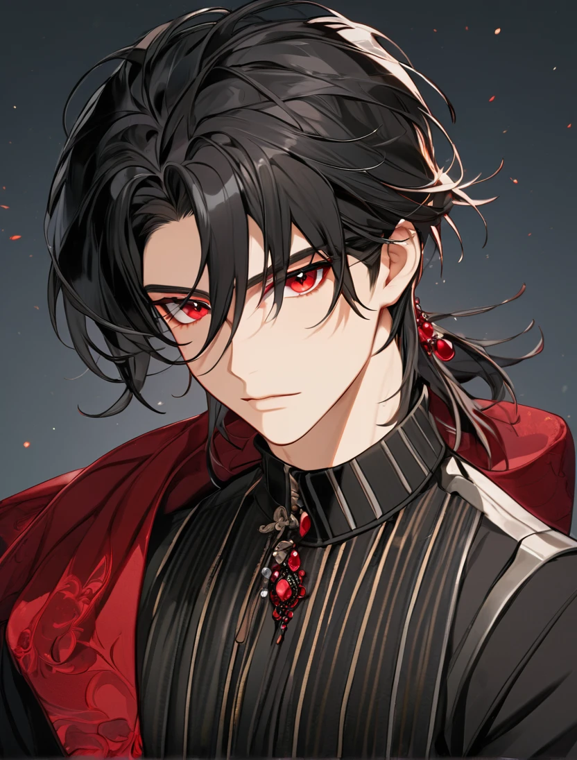 (Black_Hair), (red_ruby_eyes), (Handsome), (attractive), (male), (close_up_shot), (detailed_eyes), (detailed_hair), (clean_hair),  (vertical_pupils), (jawline), (wears_aristrocatic_outfit), (He_looks_16) 