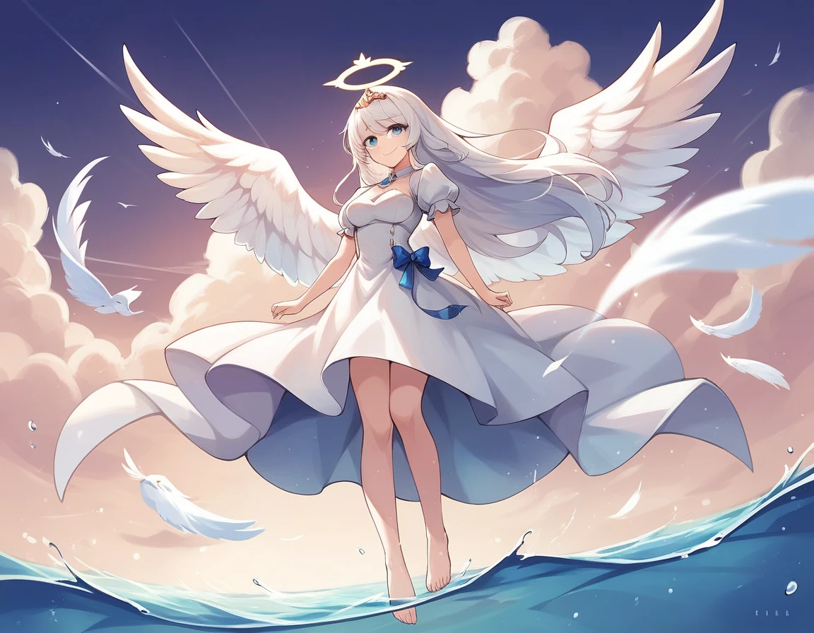 (masterpiece, best_quality:1.2), by rella, 1girl, solo, blue eyes, white dress, tiara, white hair, bangs, long hair, medium breasts, angel wings, feathered wings, puffy short sleeves, fox ears, smile, standing, outdoors, sky, barefoot, cloud, water, floating hair, halo, cloudy sky, horizon, angel,
