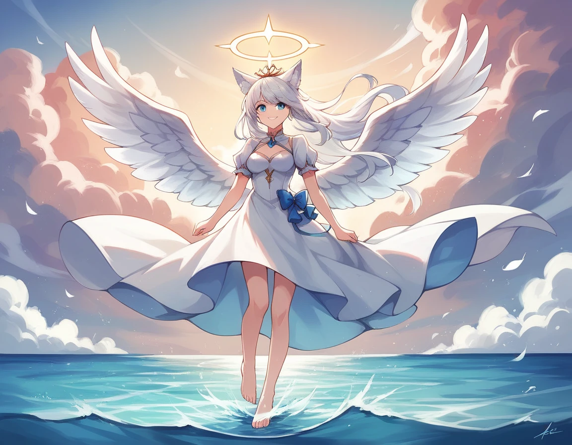 (masterpiece, best_quality:1.2), by rella, 1girl, solo, blue eyes, white dress, tiara, white hair, bangs, long hair, medium breasts, angel wings, feathered wings, puffy short sleeves, fox ears, smile, standing, outdoors, sky, barefoot, cloud, water, floating hair, halo, cloudy sky, horizon, angel, 