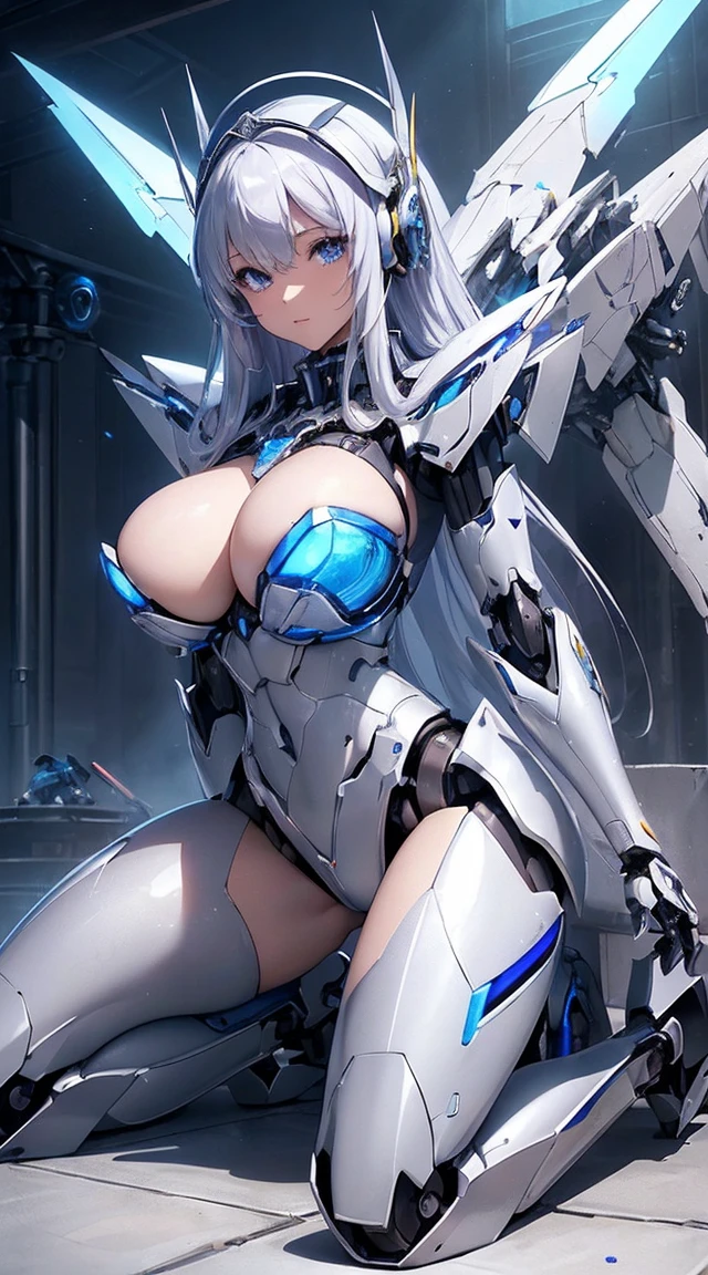 (Sit on one knee on the machine:1.6)、(Full body description:1.3)、((Shining lenses on both breasts:1.3))、((Blue pillars of light are emanating from both chests.:1.3))、smile、((8K)), ((32k)), ((Highest quality)), ((masterpiece)), ((超A high resolution)), ((Tmasterpiece)), ((Halation:1.4))、((Mechaニカルheadgear:1.2))、((Cyber Headphones:1.3))、Fine skin, High quality fabric, Fine metal texture、((Beautiful and dense face))、RAW Photos、Professional, Ultra-fine painting, ((alone)), Beautiful breasts、Highest quality, Very detailed, Very detailed詳細, Finer details, so beautiful, ((Princess Knight Robot:1.2)),  (Joints of machines, Mechanical Limbs:1.3), (The internal structure of the machine is exposed:1.3), (Long silver hair:1.1), (Beautiful and huge mechanical breasts)、White Veil, cowboy_shot, Side Focus, headgear, Shiny、(Five Fingers, Four fingers and thumb),Concept Art, Anime fantasy artwork, Detailed fantasy art, (with pale blue-violet hair and large white wings,,,,,,,), (((Long silver hair))), (Mecha:1.6)、Sleek and intimidating design, ((Commander-in-Chief&#39;arm)), (Perfect robot body)、純白と青紫armまたは, Symmetrical wings, 8K high quality, detailed art, 3D rendering of character art in 8K, neat legs, Defined, Defined fingers,