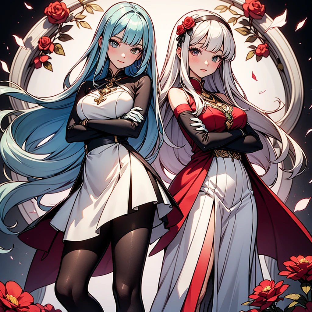 ONE GIRL ON PICTURE, ONE PERSON ON PICTURE, GIRL IN SHINY SILVER DIAMOND DRESSairy, bravely default, black gloves, high heels,  FernFrieren, very long hair, heterochromia  eyes, different coloured left and right eyes, red right eye, and purple left eye, each other eye is coloured another  different, red or purple colour, (gold pupils), looking down, straight-on, expressionless, crossed arms, standing, looking at viewer, large breasts,, ultra detailed, masterpiece, best quality, aesthetic, detailed, 
By golden pink leafs and by golden pink,red, /silver green and rose pink flowers ornamented dress
Straight silver bangs and hair, straight smoth long hair, straight cutted smooth hairstyle, bangs and so one side bangs
