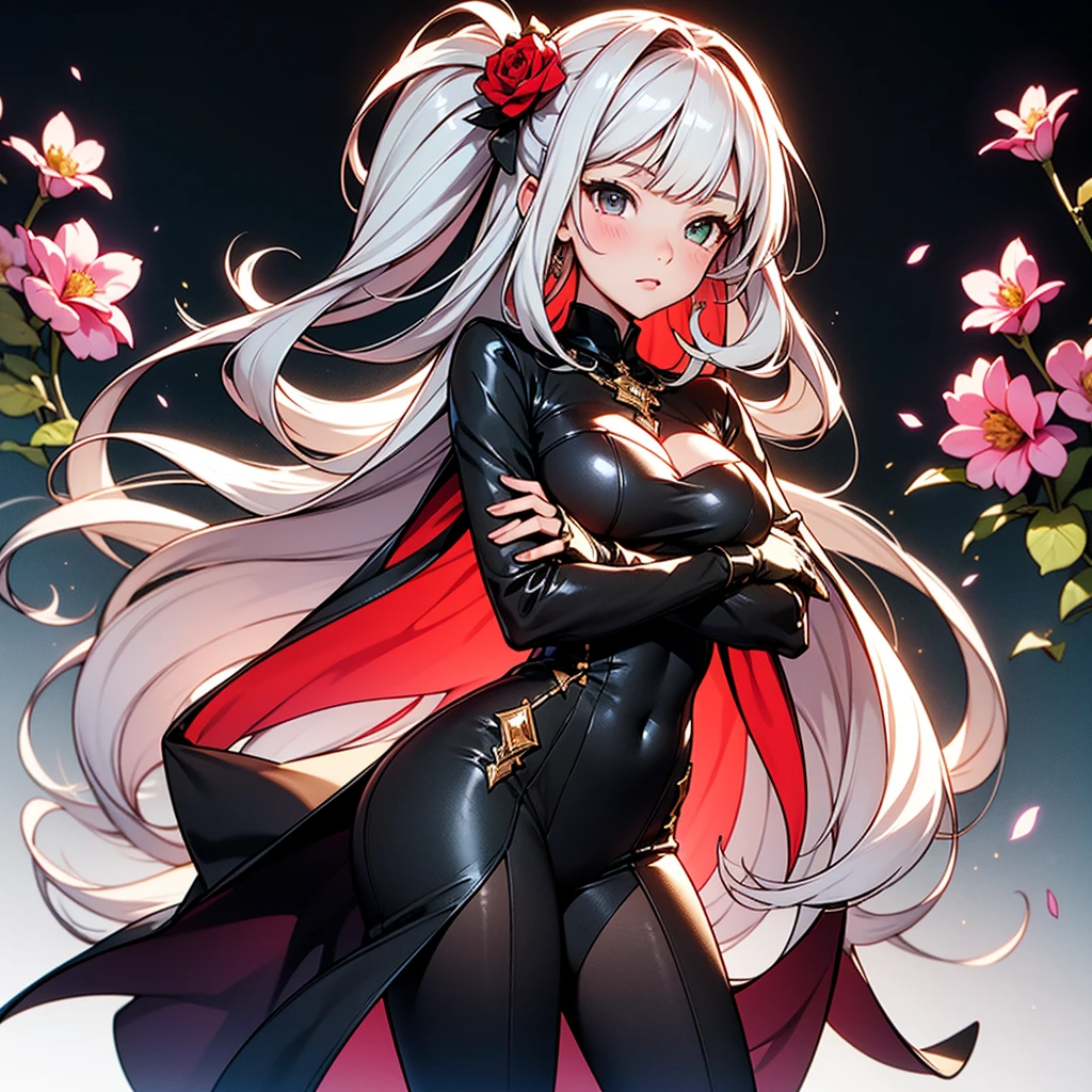 ONE GIRL ON PICTURE, ONE PERSON ON PICTURE, GIRL IN SHINY SILVER DIAMOND DRESSairy, bravely default, black gloves, high heels,  FernFrieren, very long hair, heterochromia  eyes, different coloured left and right eyes, red right eye, and purple left eye, each other eye is coloured another  different, red or purple colour, (gold pupils), looking down, straight-on, expressionless, crossed arms, standing, looking at viewer, large breasts,, ultra detailed, masterpiece, best quality, aesthetic, detailed, 
By golden pink leafs and by golden pink,red, /silver green and rose pink flowers ornamented dress
Straight silver bangs and hair, straight smoth long hair, straight cutted smooth hairstyle, bangs and so one side bangs
