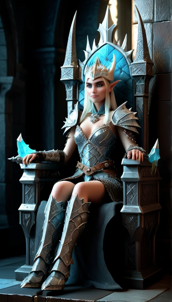 Astrid de "How to Train Your Dragon", reimagined as the Lich Queen of Warcraft; sitting in a throne, like game of thrones. high quality, HDR, 4k resolution, 3d modeling, realism, high texture and detailed, photo, illustration, 3d render, poster, cinematic, fashion